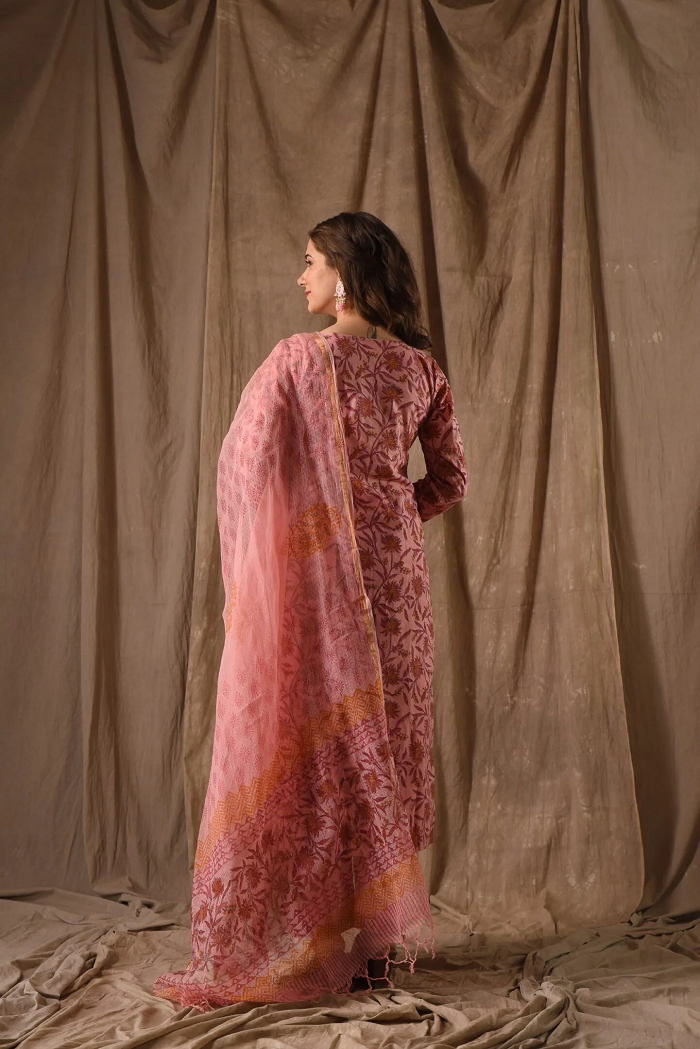 Women’s Peach Ethnic Roman Linen Slub Suit Set with Embroidery