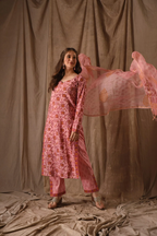 Women’s Peach Ethnic Roman Linen Slub Suit Set with Embroidery