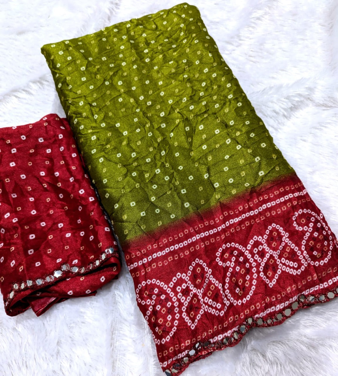 Designer Bandhani Mahendi  Saree with Mirror Work Border & Running Blouse in Moss Silk