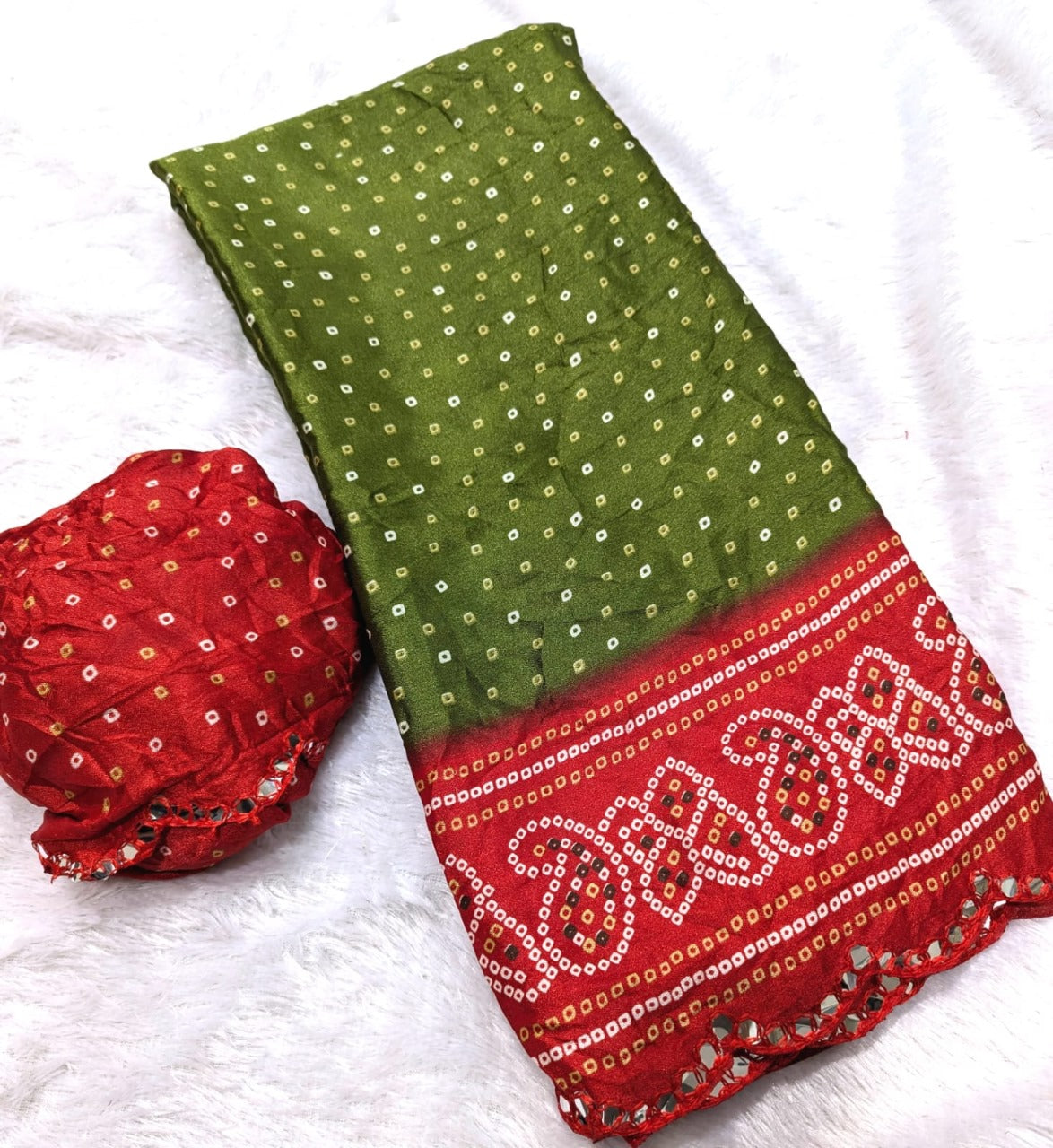 Designer Bandhani Dark Green Saree with Mirror Work Border & Running Blouse in Moss Silk (Copy)