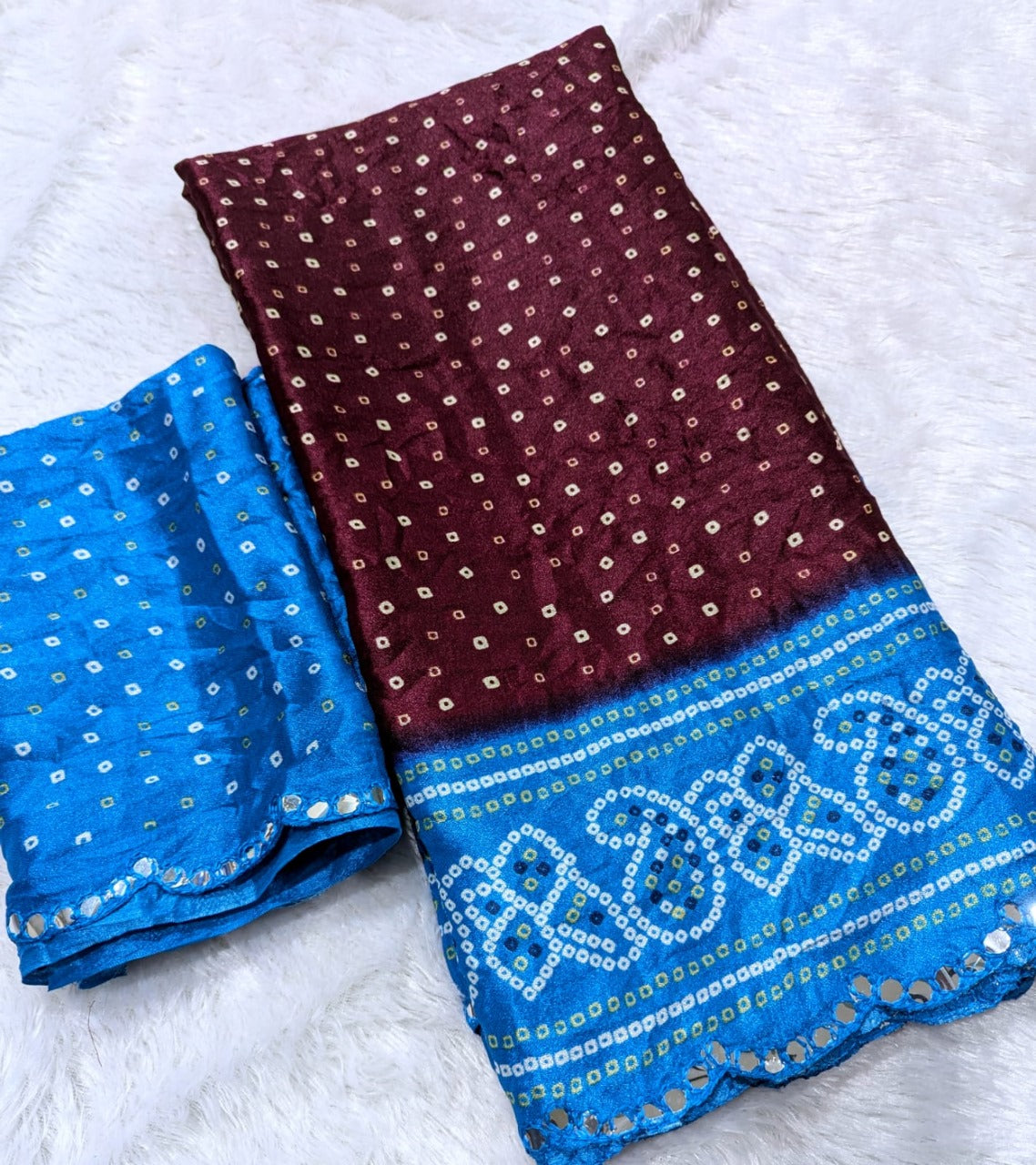 Designer Bandhani Maroon Saree with Mirror Work Border & Running Blouse in Moss Silk
