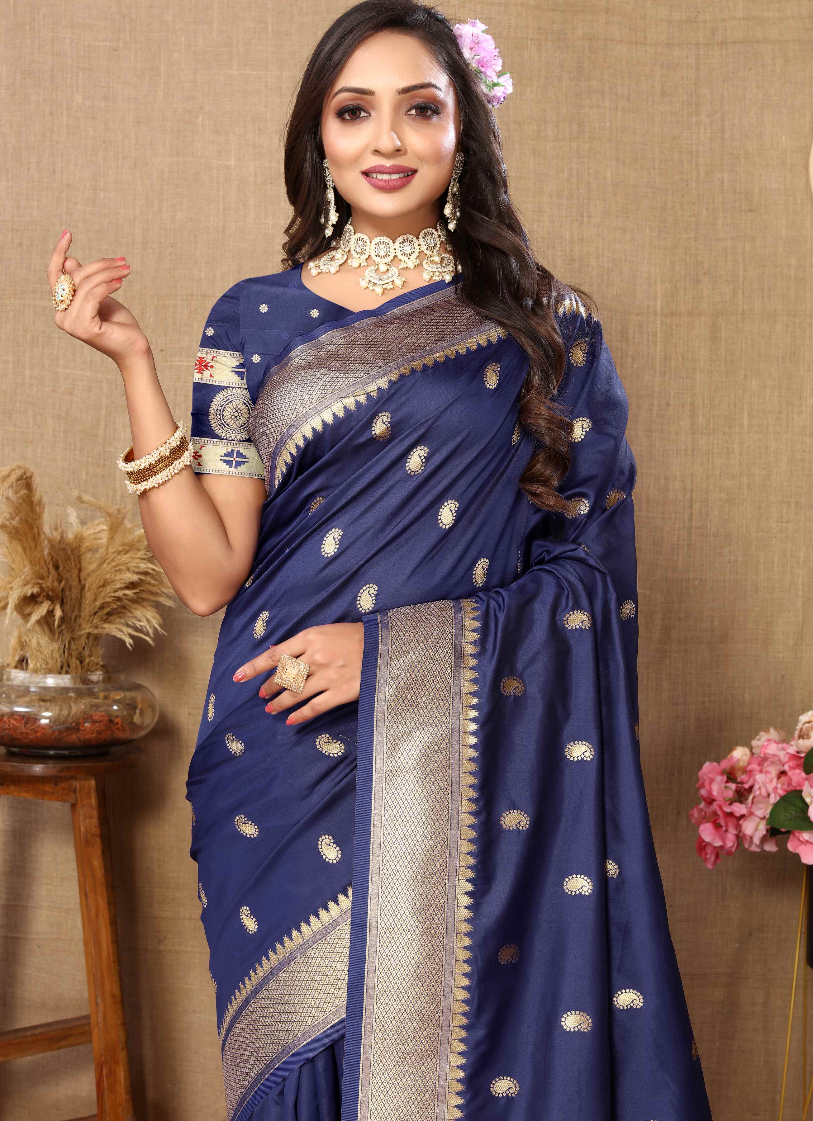 Navy Blue Soft Paithani Silk Saree with Zari Motifs, Meenakari Pallu & Contrast Blouse