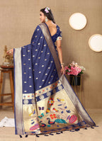 Navy Blue Soft Paithani Silk Saree with Zari Motifs, Meenakari Pallu & Contrast Blouse