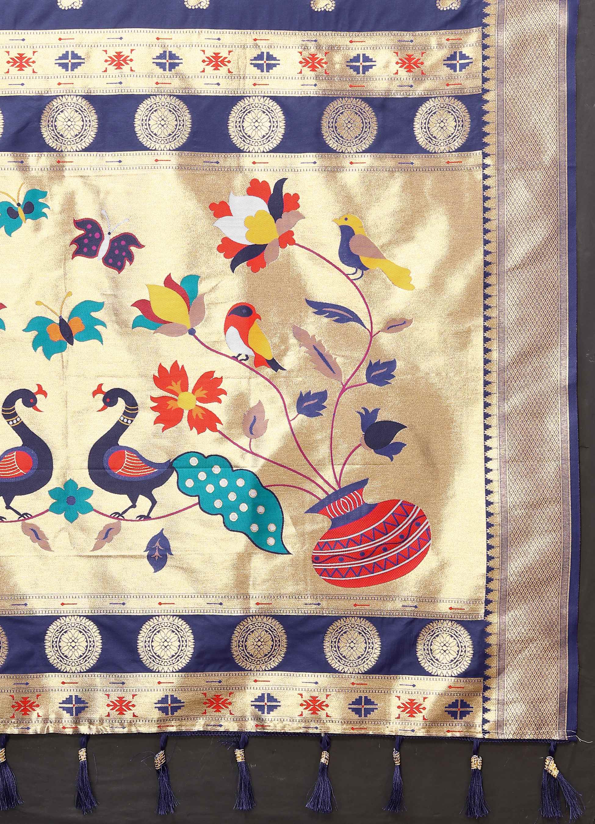 Navy Blue Soft Paithani Silk Saree with Zari Motifs, Meenakari Pallu & Contrast Blouse