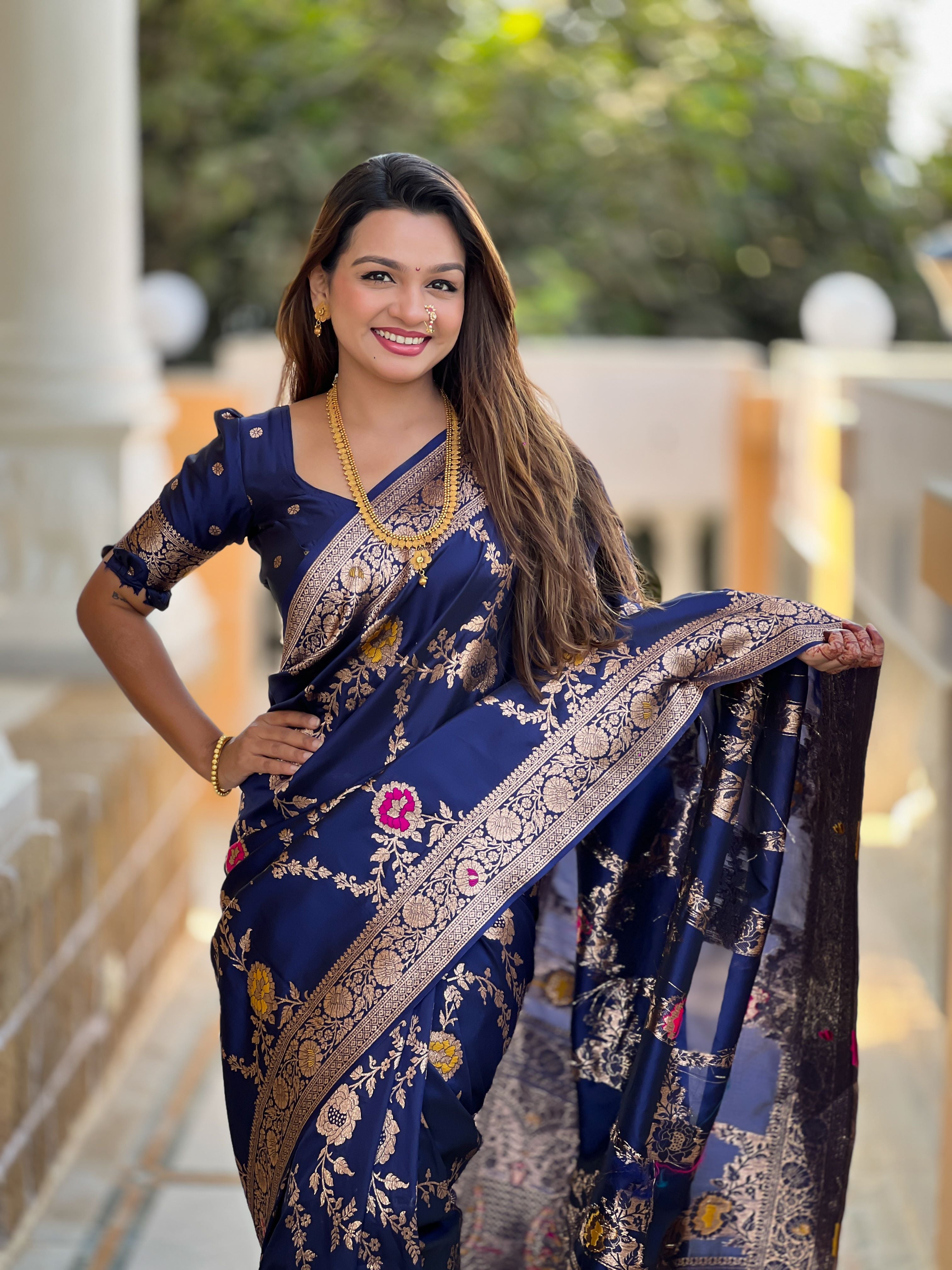 Navy Varni Fabrics Women Floral Banarasi Silk Woven Saree comes With Matching Blouse