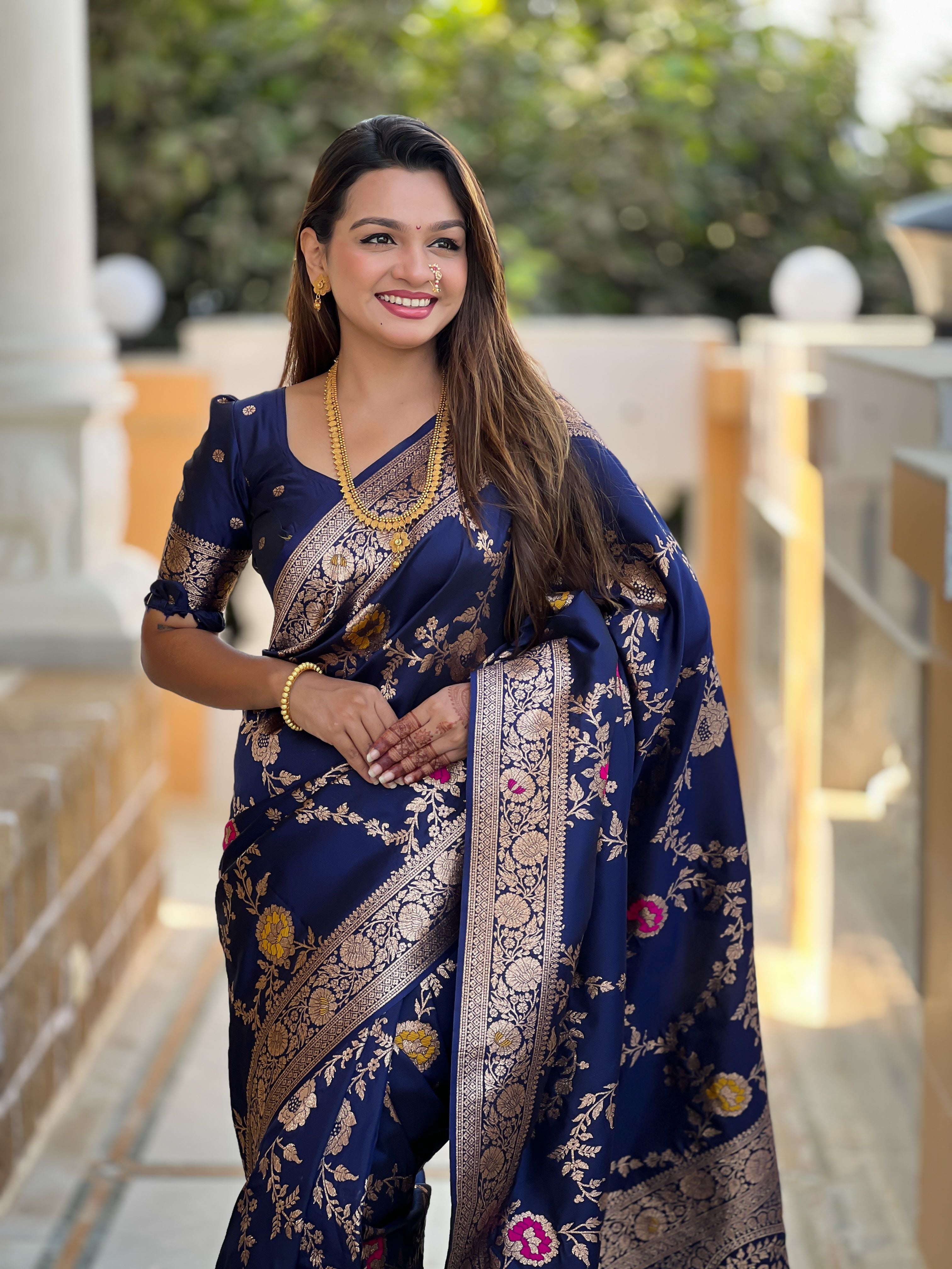 Navy Varni Fabrics Women Floral Banarasi Silk Woven Saree comes With Matching Blouse