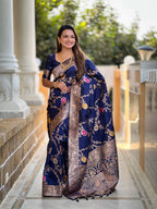 Navy Varni Fabrics Women Floral Banarasi Silk Woven Saree comes With Matching Blouse