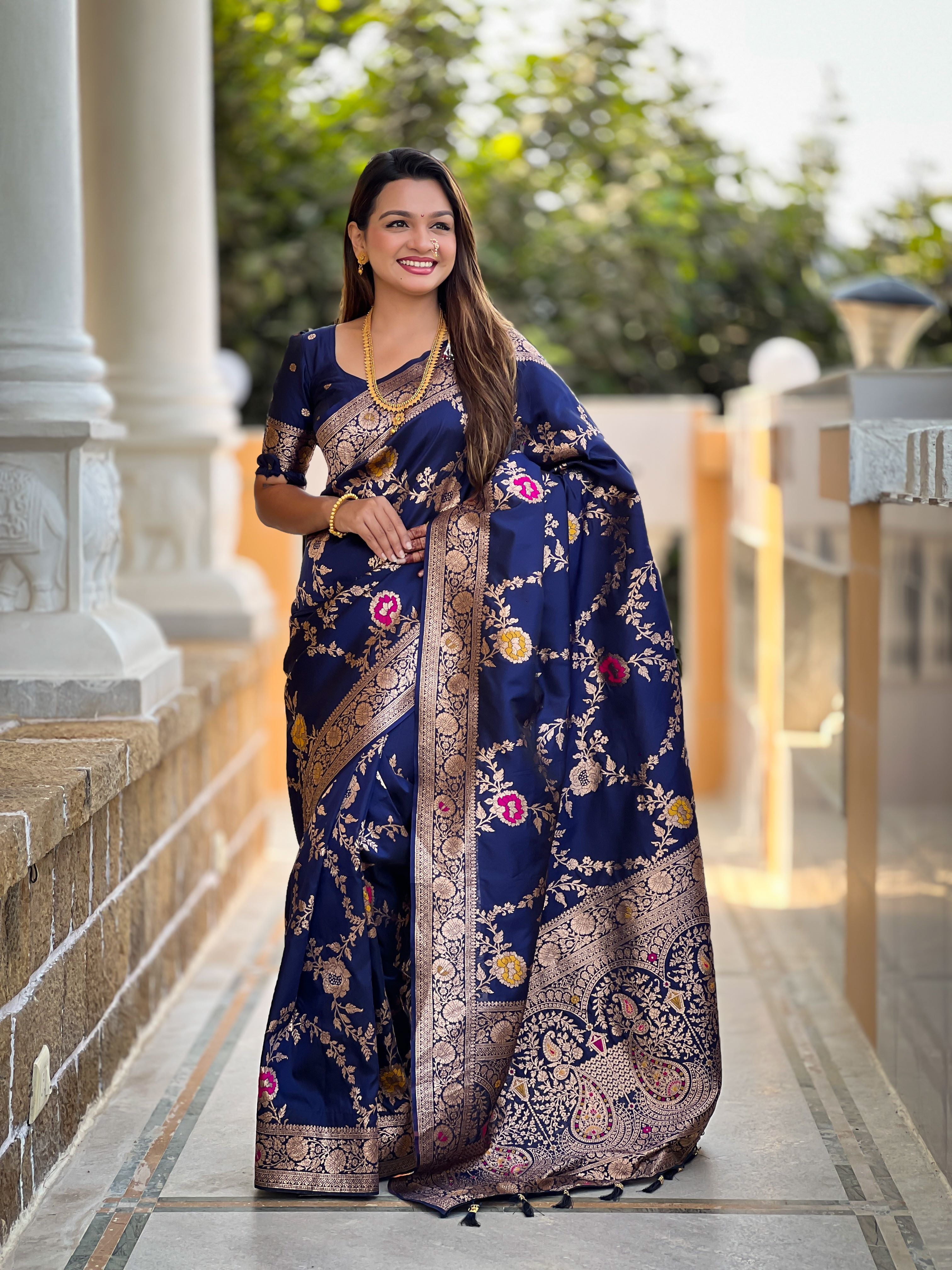 Navy Varni Fabrics Women Floral Banarasi Silk Woven Saree comes With Matching Blouse