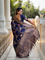 Navy Varni Fabrics Women Floral Banarasi Silk Woven Saree comes With Matching Blouse