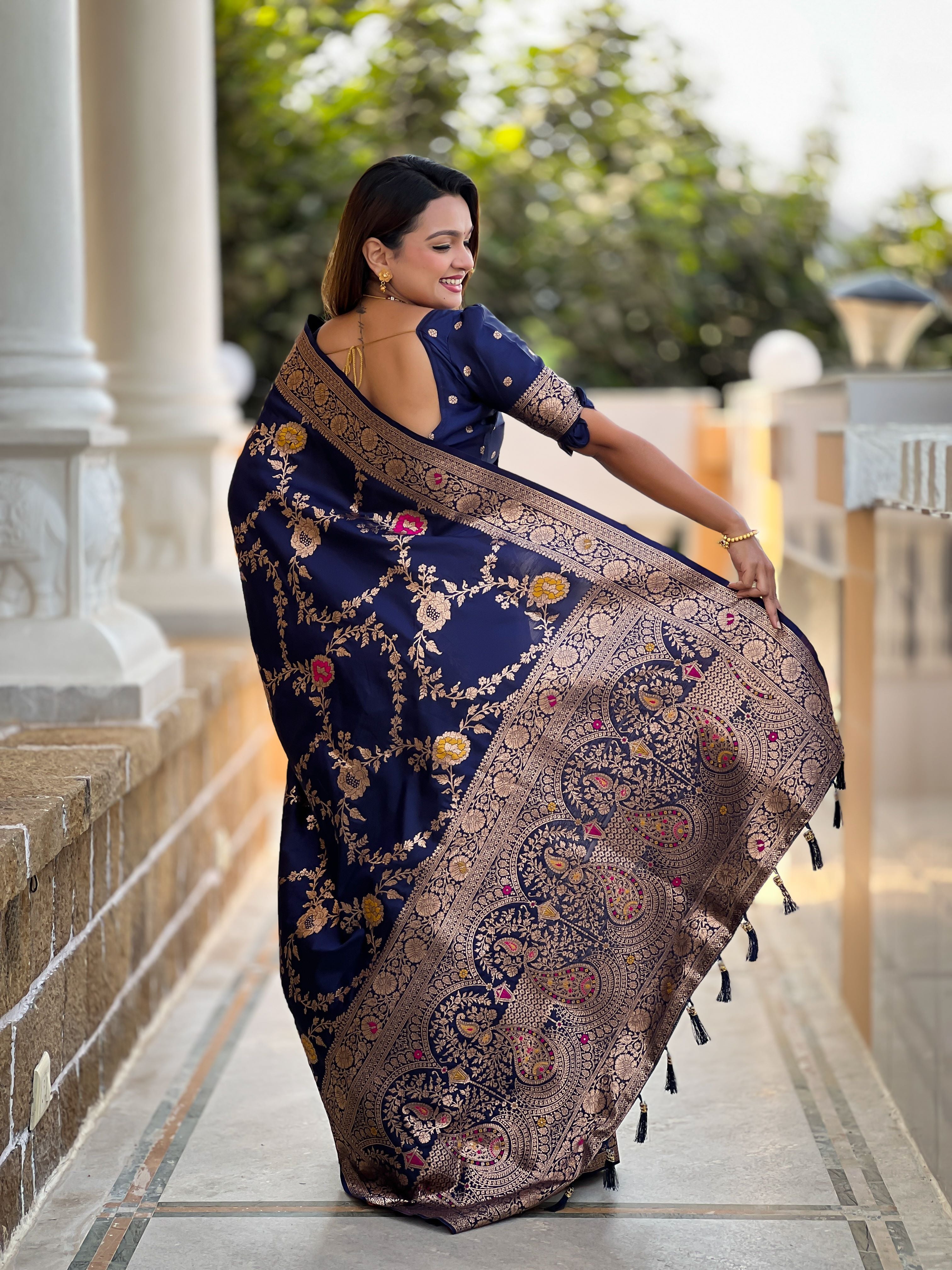 Navy Varni Fabrics Women Floral Banarasi Silk Woven Saree comes With Matching Blouse