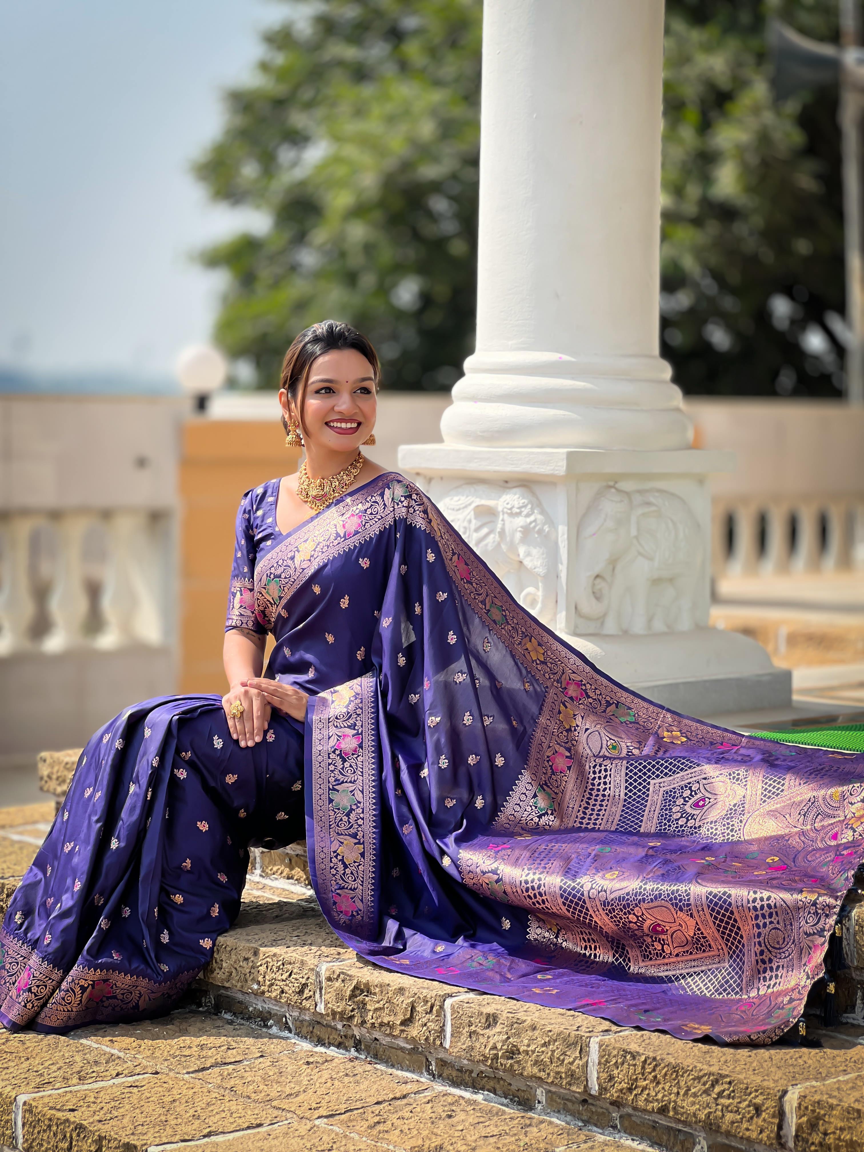 Navy Blue Varni Fabrics Women Paisley Banarasi Silk Embellished Saree comes With Matching Blouse