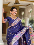 Navy Blue Varni Fabrics Women Paisley Banarasi Silk Embellished Saree comes With Matching Blouse
