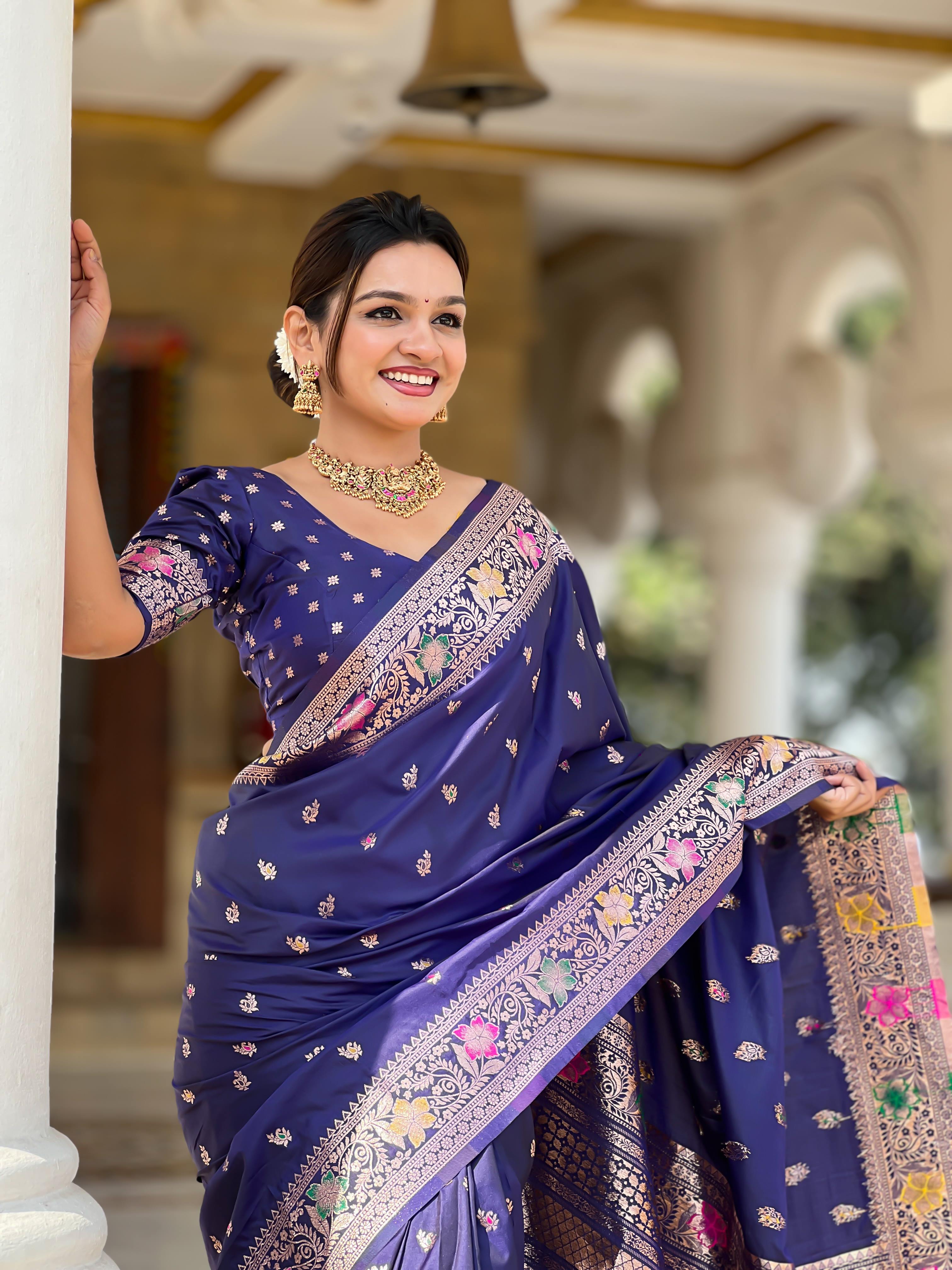 Navy Blue Varni Fabrics Women Paisley Banarasi Silk Embellished Saree comes With Matching Blouse