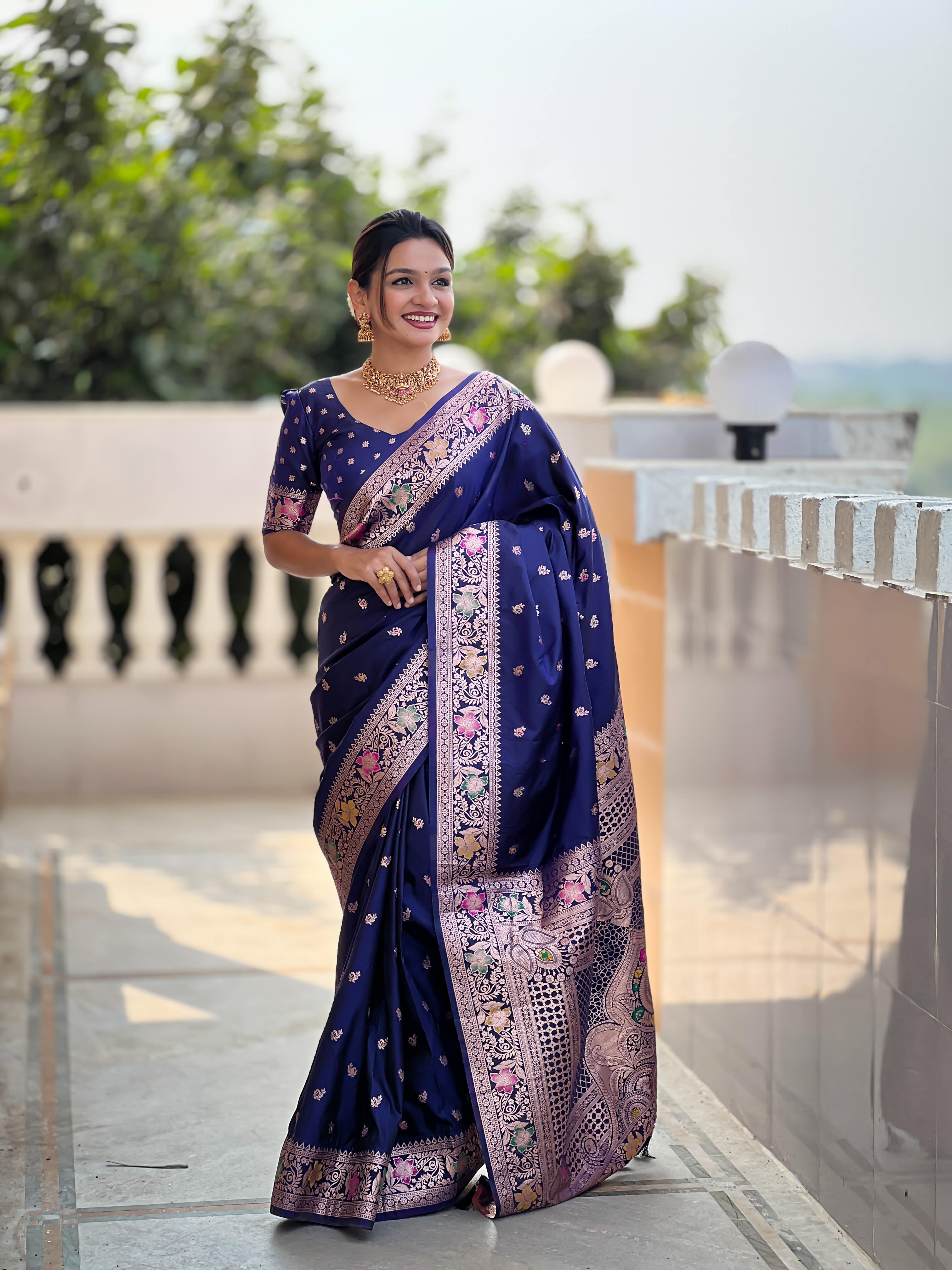 Navy Blue Varni Fabrics Women Paisley Banarasi Silk Embellished Saree comes With Matching Blouse