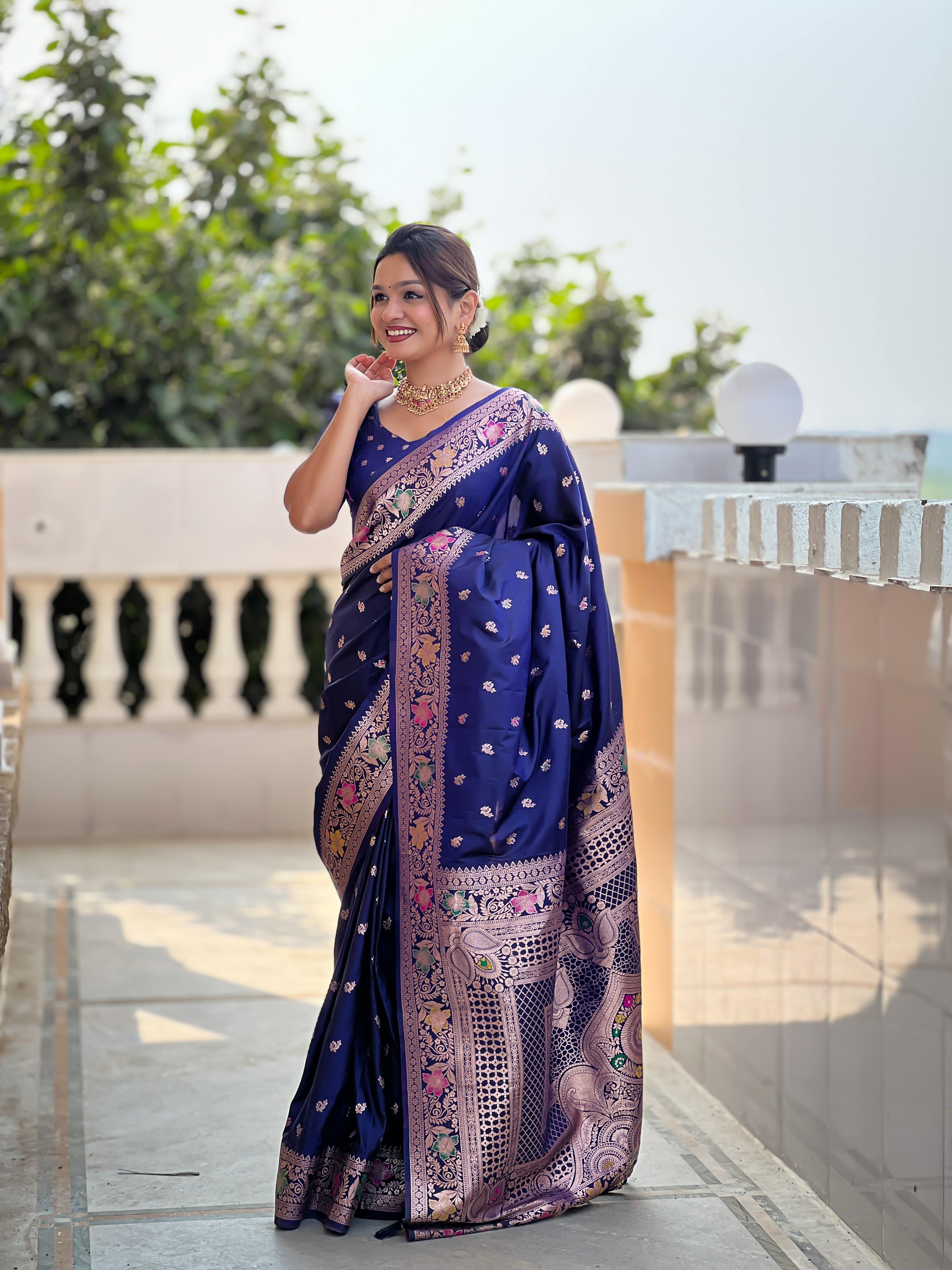 Navy Blue Varni Fabrics Women Paisley Banarasi Silk Embellished Saree comes With Matching Blouse