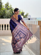 Navy Blue Varni Fabrics Women Paisley Banarasi Silk Embellished Saree comes With Matching Blouse