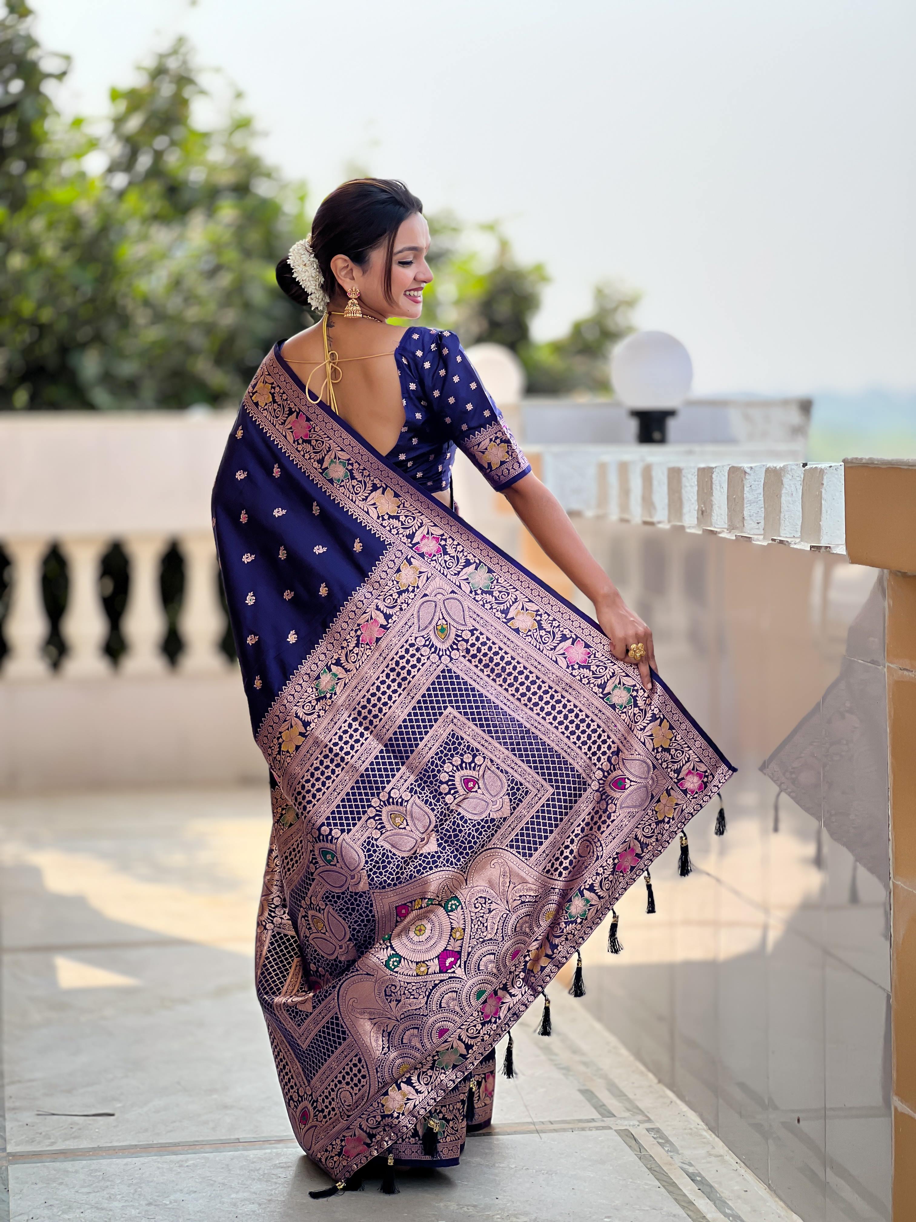Navy Blue Varni Fabrics Women Paisley Banarasi Silk Embellished Saree comes With Matching Blouse