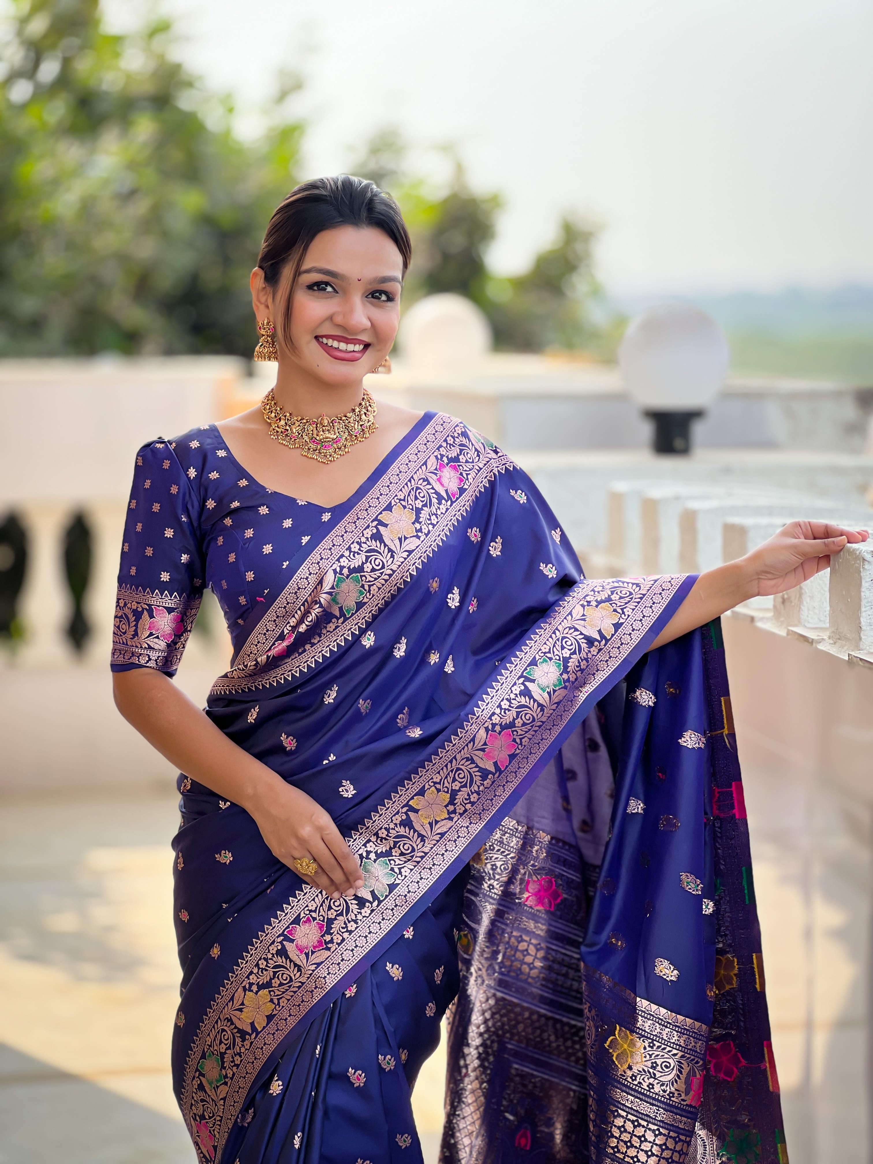Navy Blue Varni Fabrics Women Paisley Banarasi Silk Embellished Saree comes With Matching Blouse