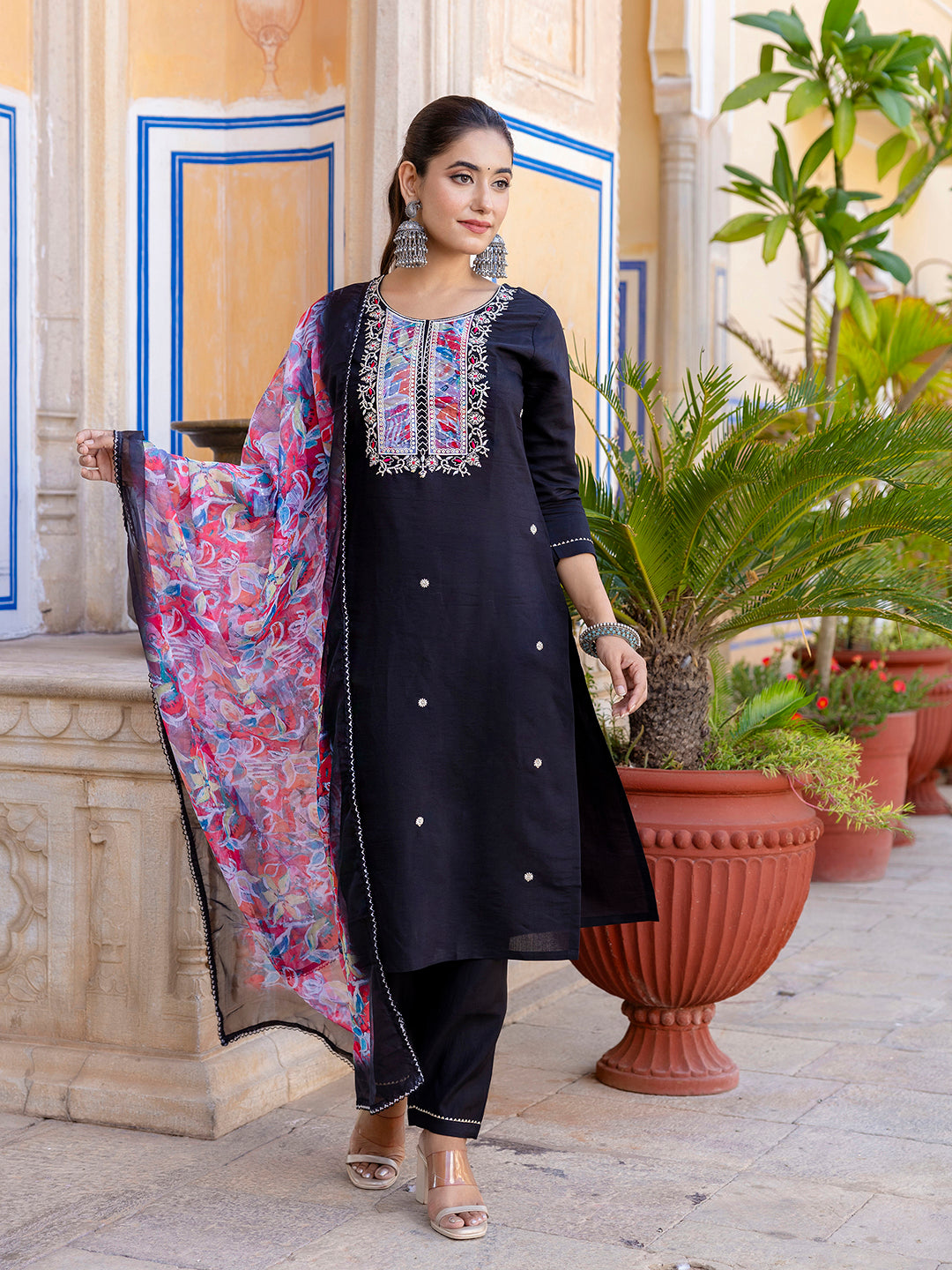 Women’s Black Rayon Slub Embroidered Kurta Set with Pant & Printed Organza Dupatta