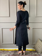 Women’s Black Rayon Slub Embroidered Kurta Set with Pant & Printed Organza Dupatta
