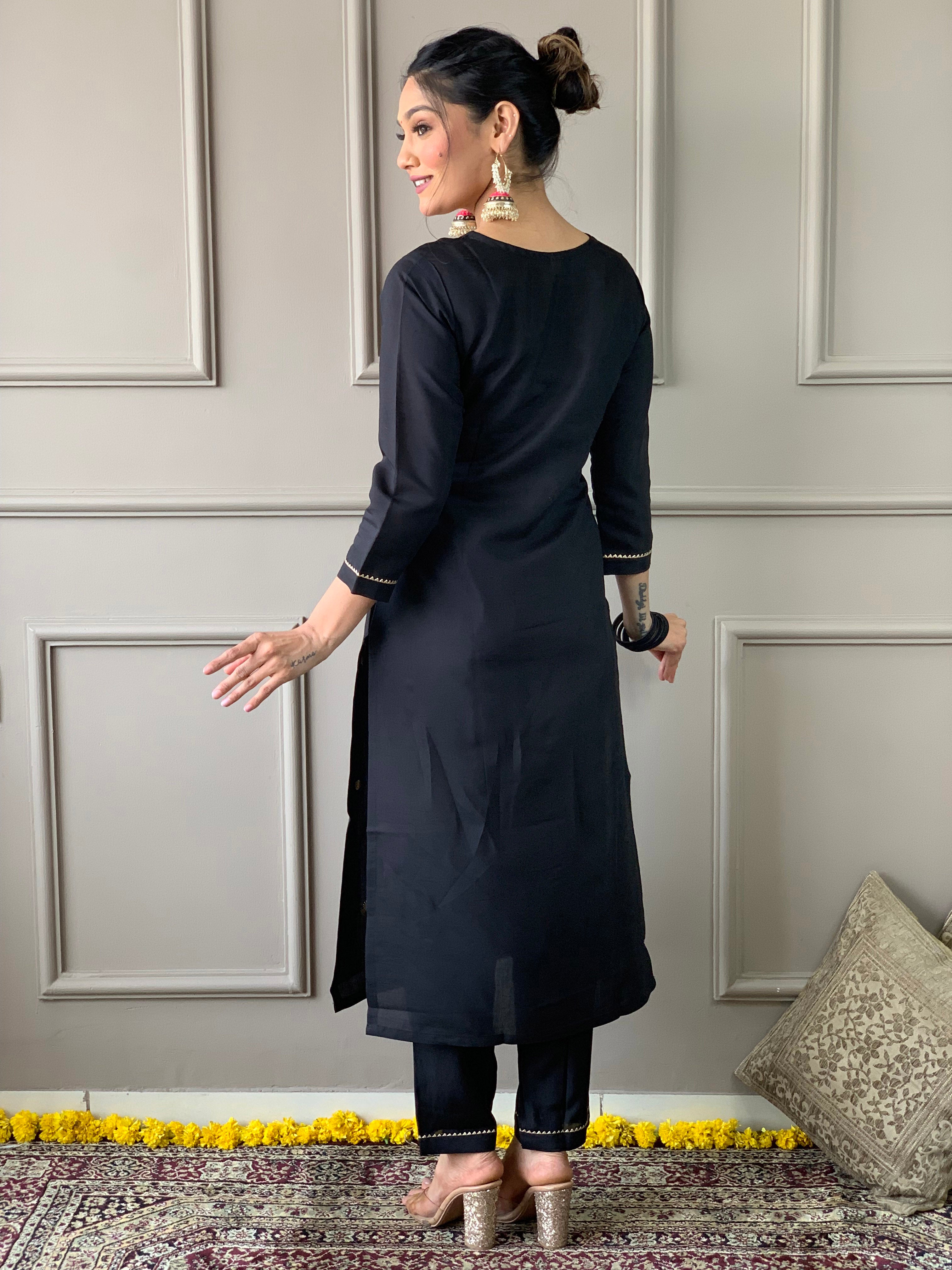 Women’s Black Rayon Slub Embroidered Kurta Set with Pant & Printed Organza Dupatta
