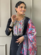 Women’s Black Rayon Slub Embroidered Kurta Set with Pant & Printed Organza Dupatta