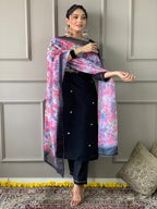 Women’s Black Rayon Slub Embroidered Kurta Set with Pant & Printed Organza Dupatta