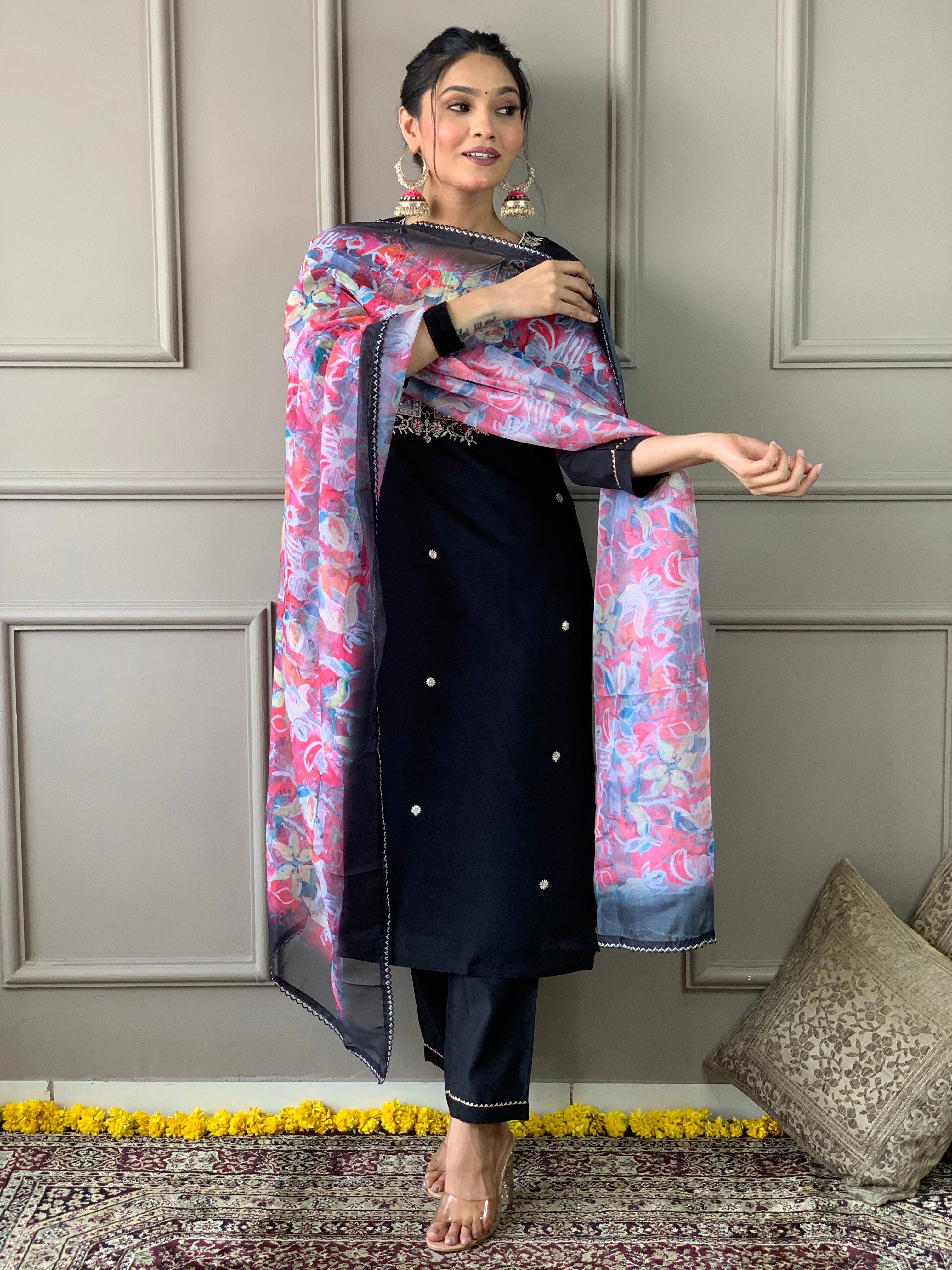 Women’s Black Rayon Slub Embroidered Kurta Set with Pant & Printed Organza Dupatta