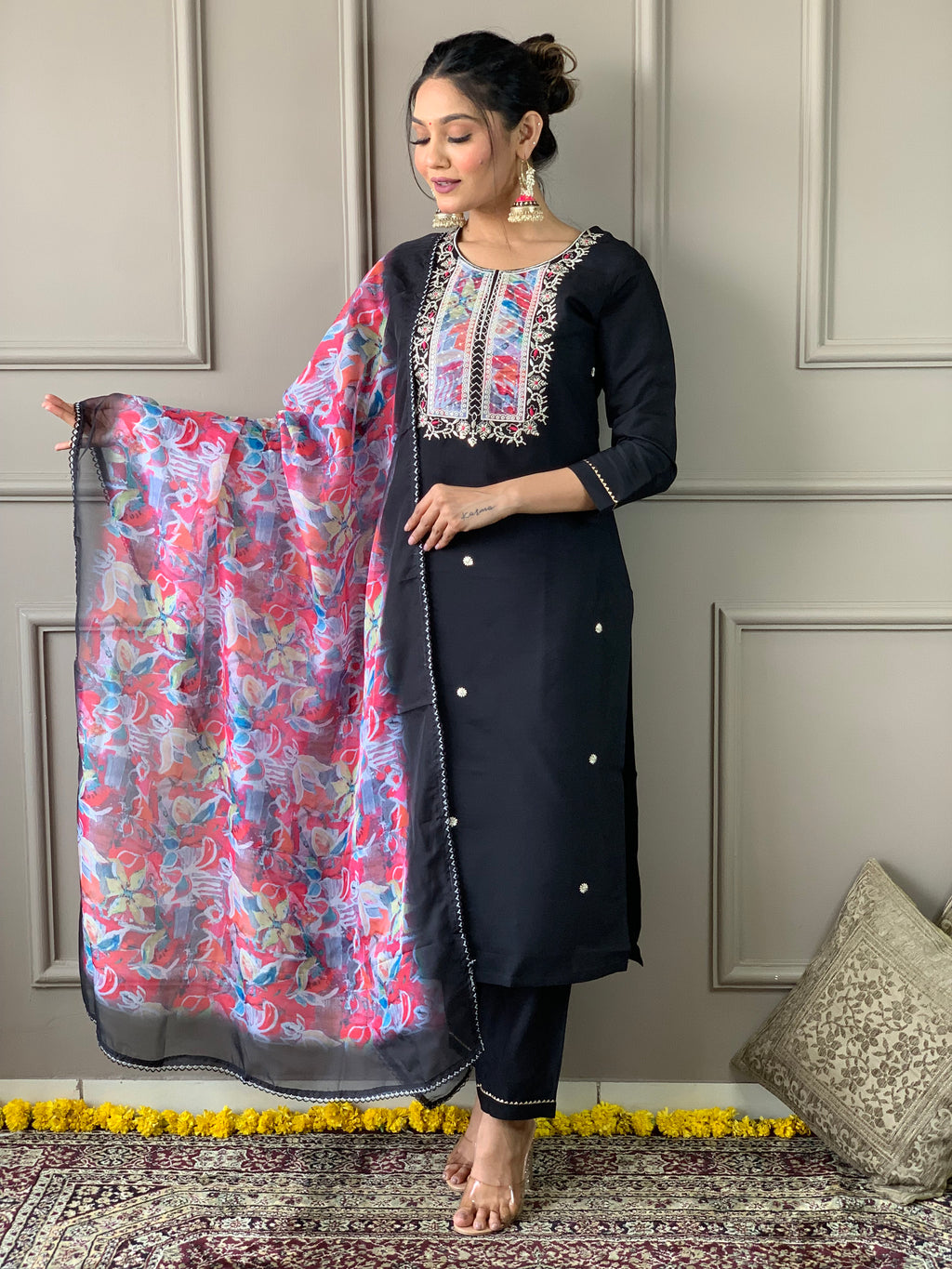 Women’s Black Rayon Slub Embroidered Kurta Set with Pant & Printed Organza Dupatta