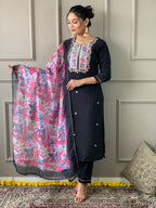 Women’s Black Rayon Slub Embroidered Kurta Set with Pant & Printed Organza Dupatta