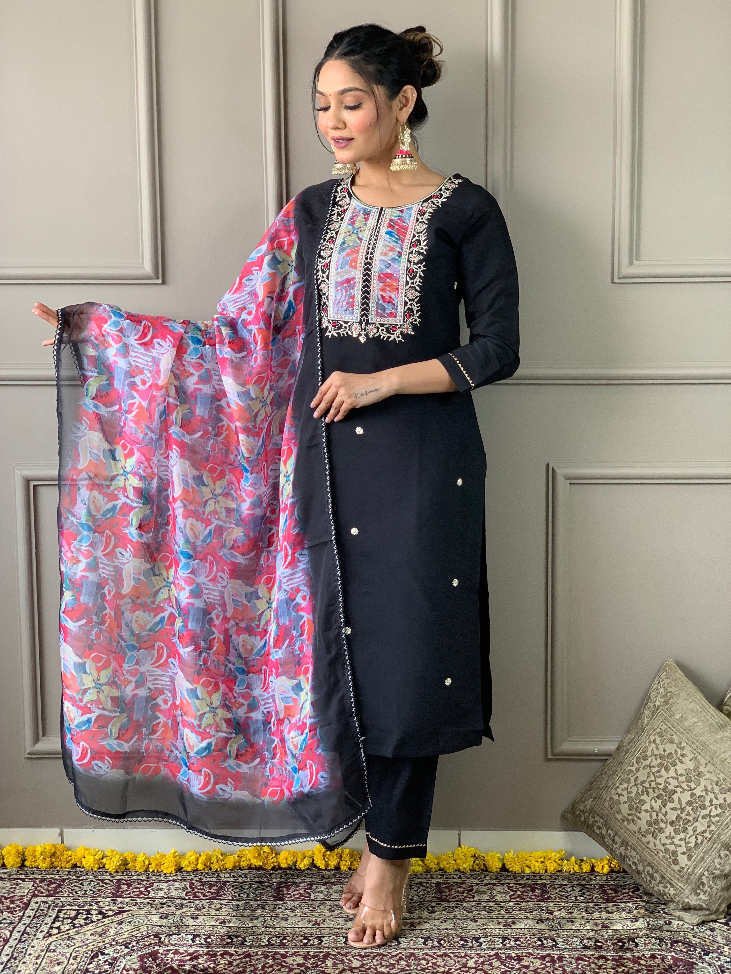 Women’s Black Rayon Slub Embroidered Kurta Set with Pant & Printed Organza Dupatta