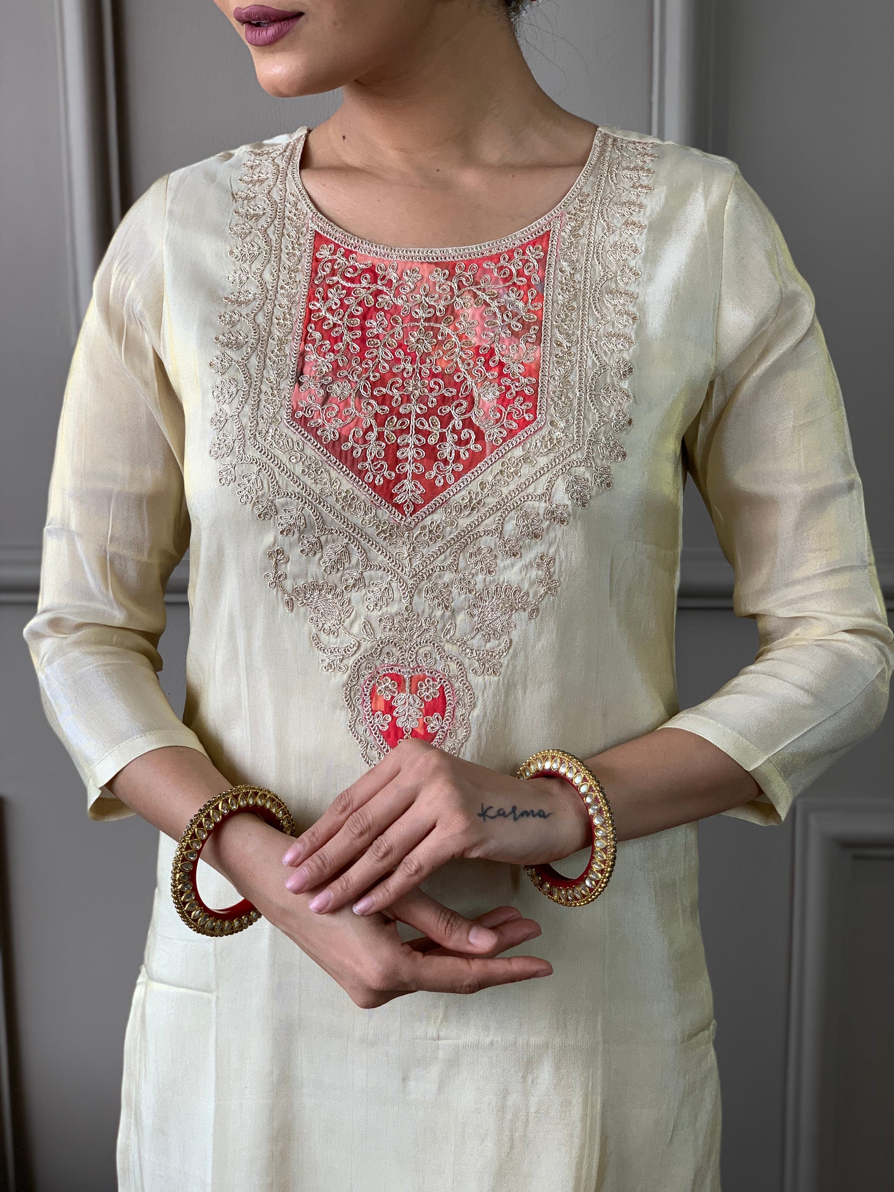 Women’s Cream-Gold Chanderi Silk Embroidered Kurta Set with Pant & Printed Silk Dupatta