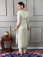 Women’s Cream-Gold Chanderi Silk Embroidered Kurta Set with Pant & Printed Silk Dupatta