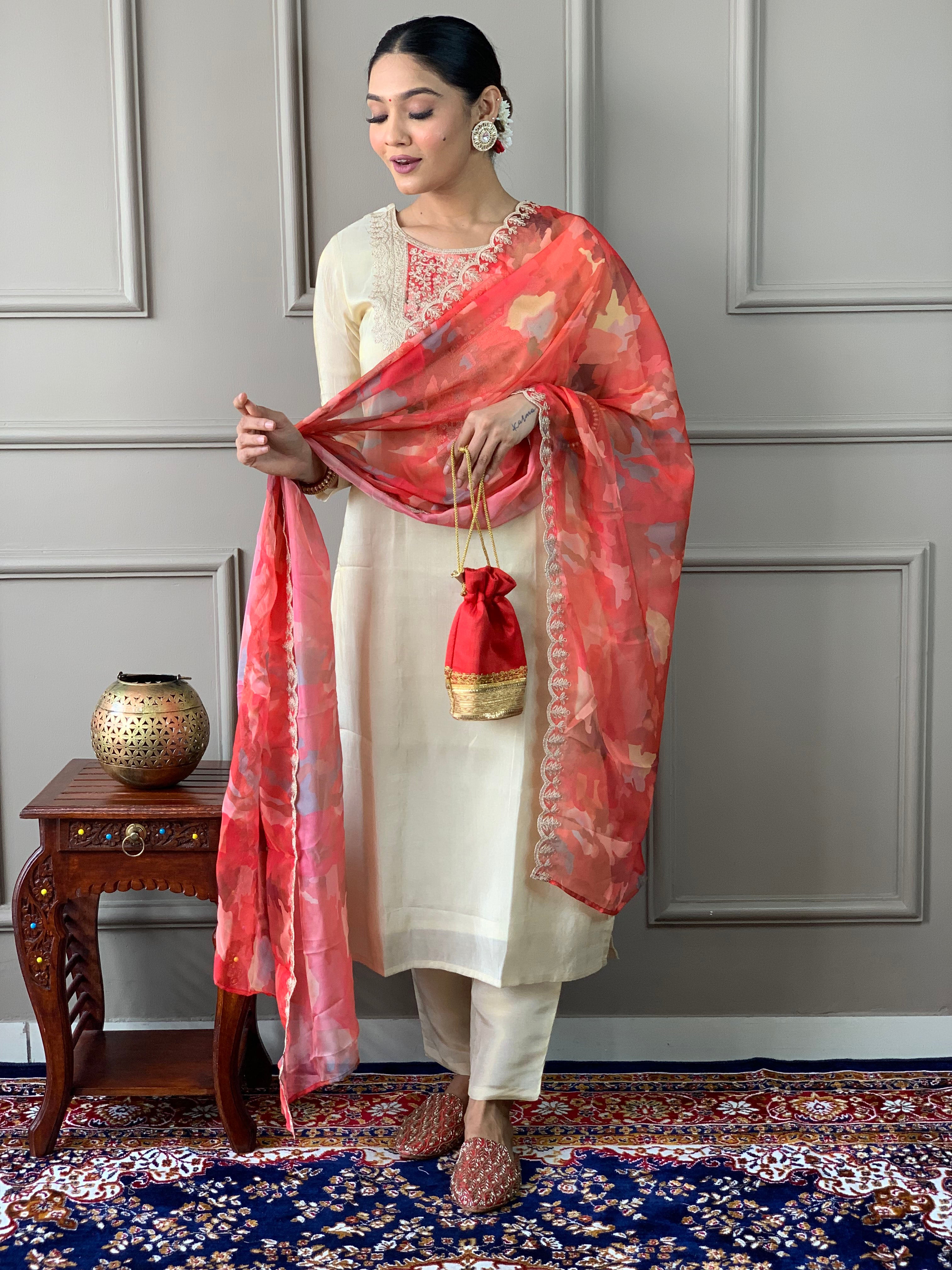 Women’s Cream-Gold Chanderi Silk Embroidered Kurta Set with Pant & Printed Silk Dupatta