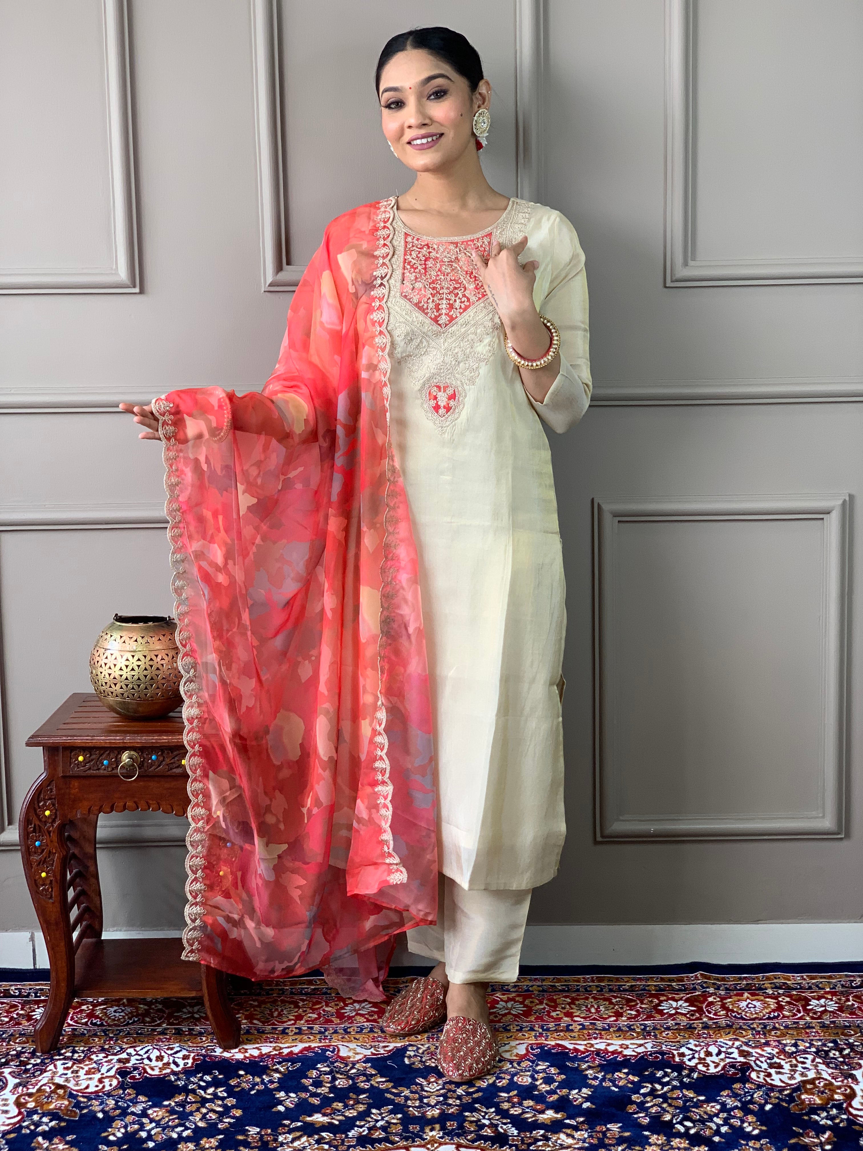 Women’s Cream-Gold Chanderi Silk Embroidered Kurta Set with Pant & Printed Silk Dupatta