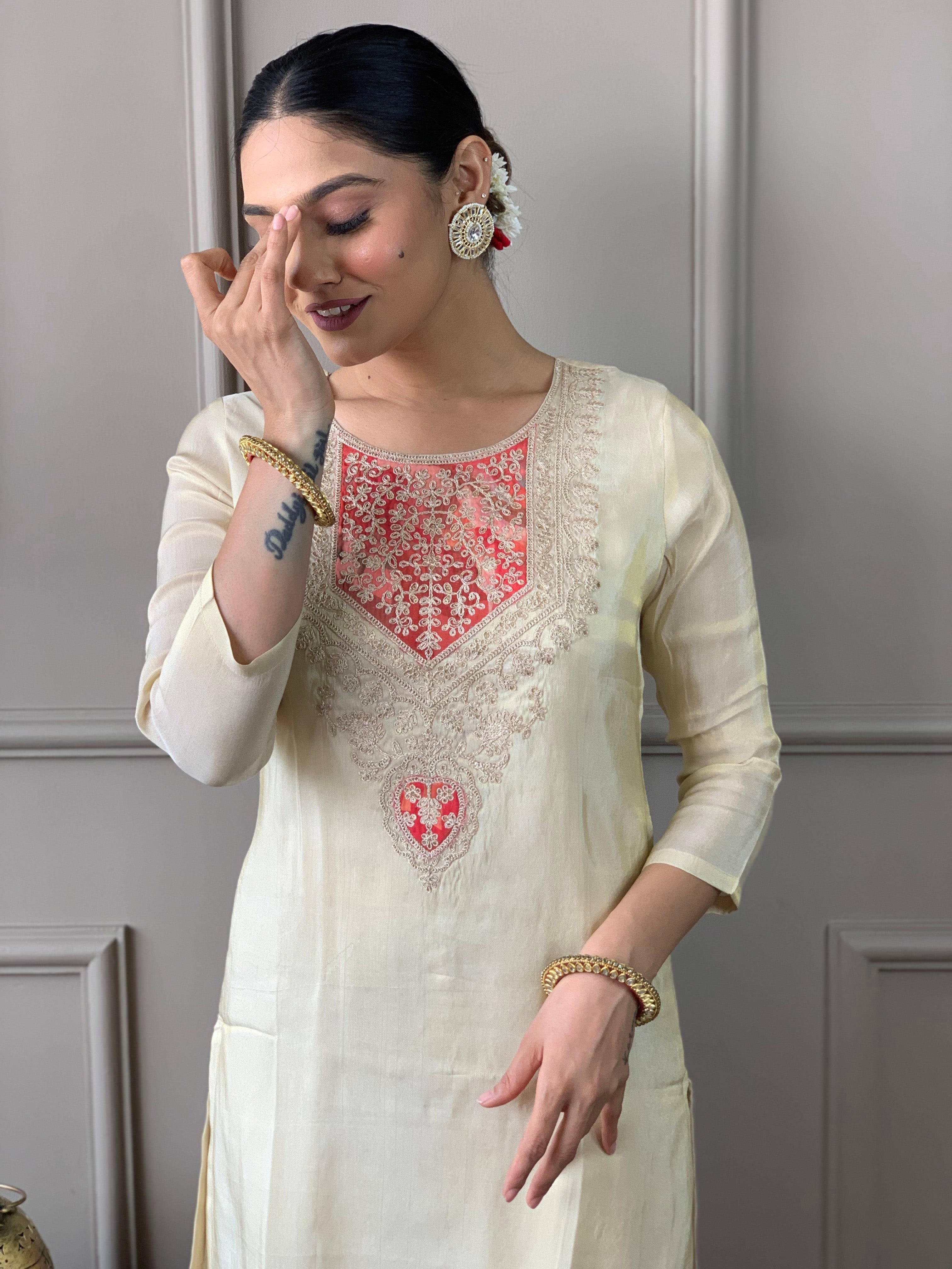 Women’s Cream-Gold Chanderi Silk Embroidered Kurta Set with Pant & Printed Silk Dupatta