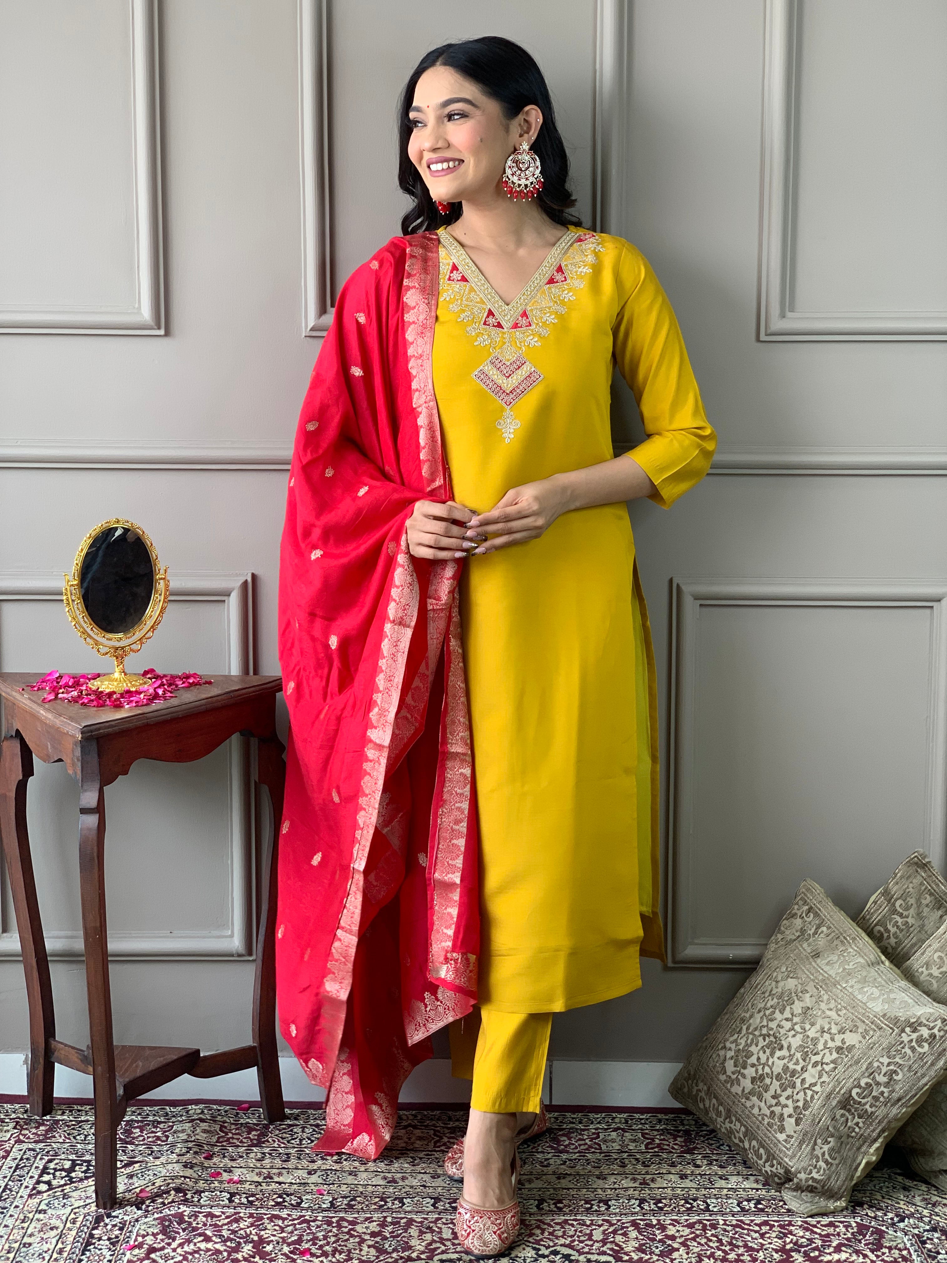 Women’s Mustard Chanderi Embroidered Kurta Set with Pant & Viscose Jacquard Dupatta