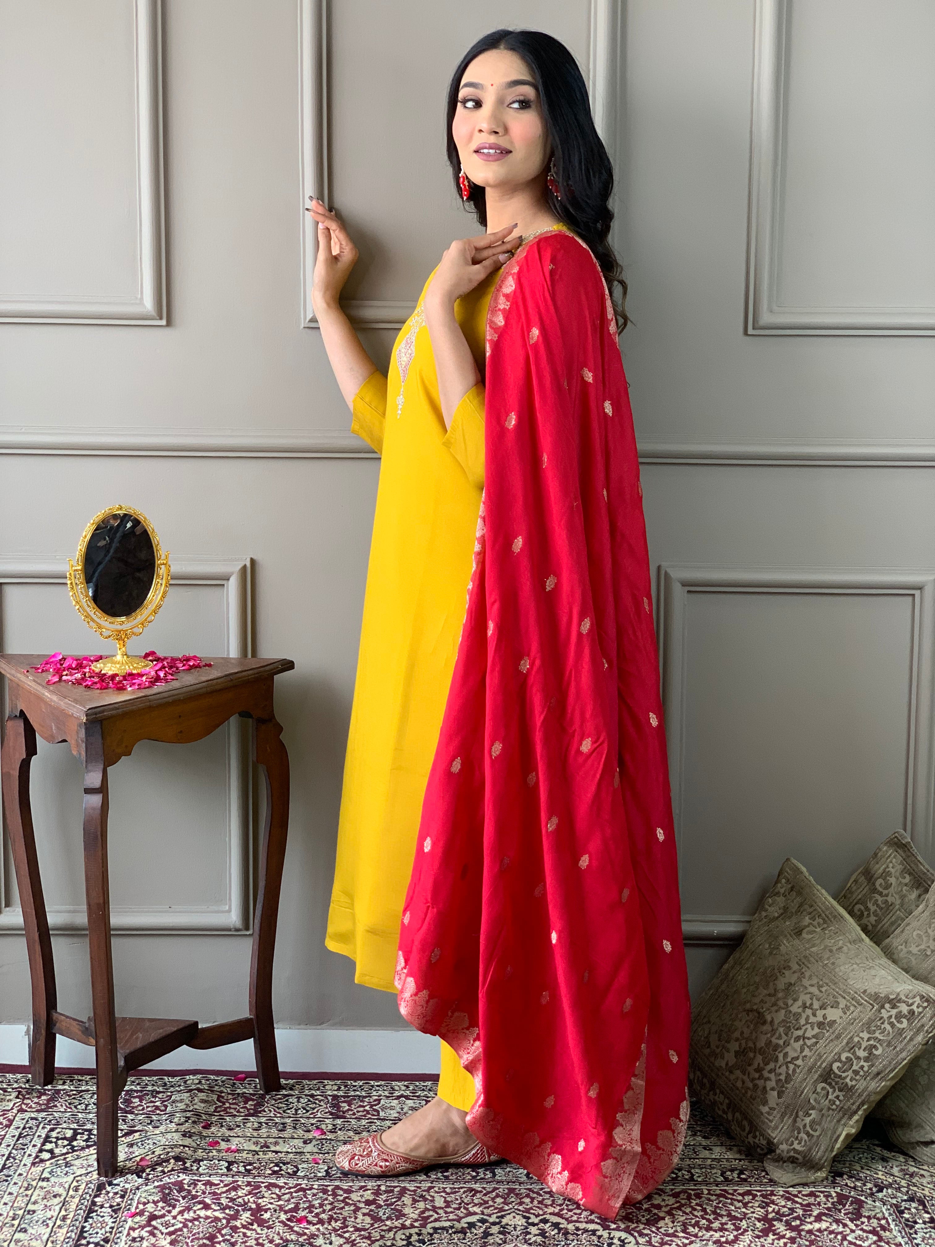 Women’s Mustard Chanderi Embroidered Kurta Set with Pant & Viscose Jacquard Dupatta