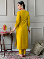 Women’s Mustard Chanderi Embroidered Kurta Set with Pant & Viscose Jacquard Dupatta