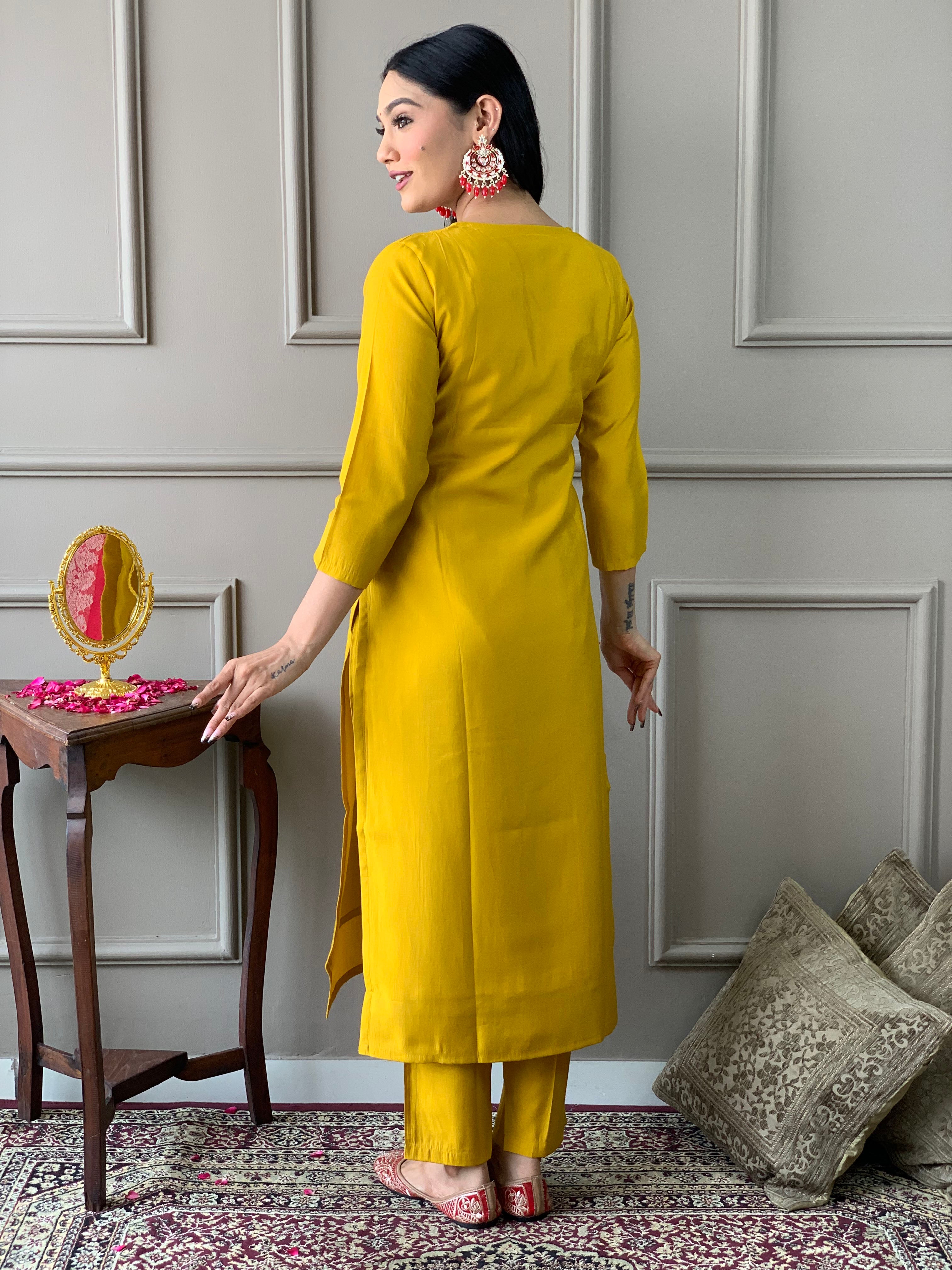 Women’s Mustard Chanderi Embroidered Kurta Set with Pant & Viscose Jacquard Dupatta