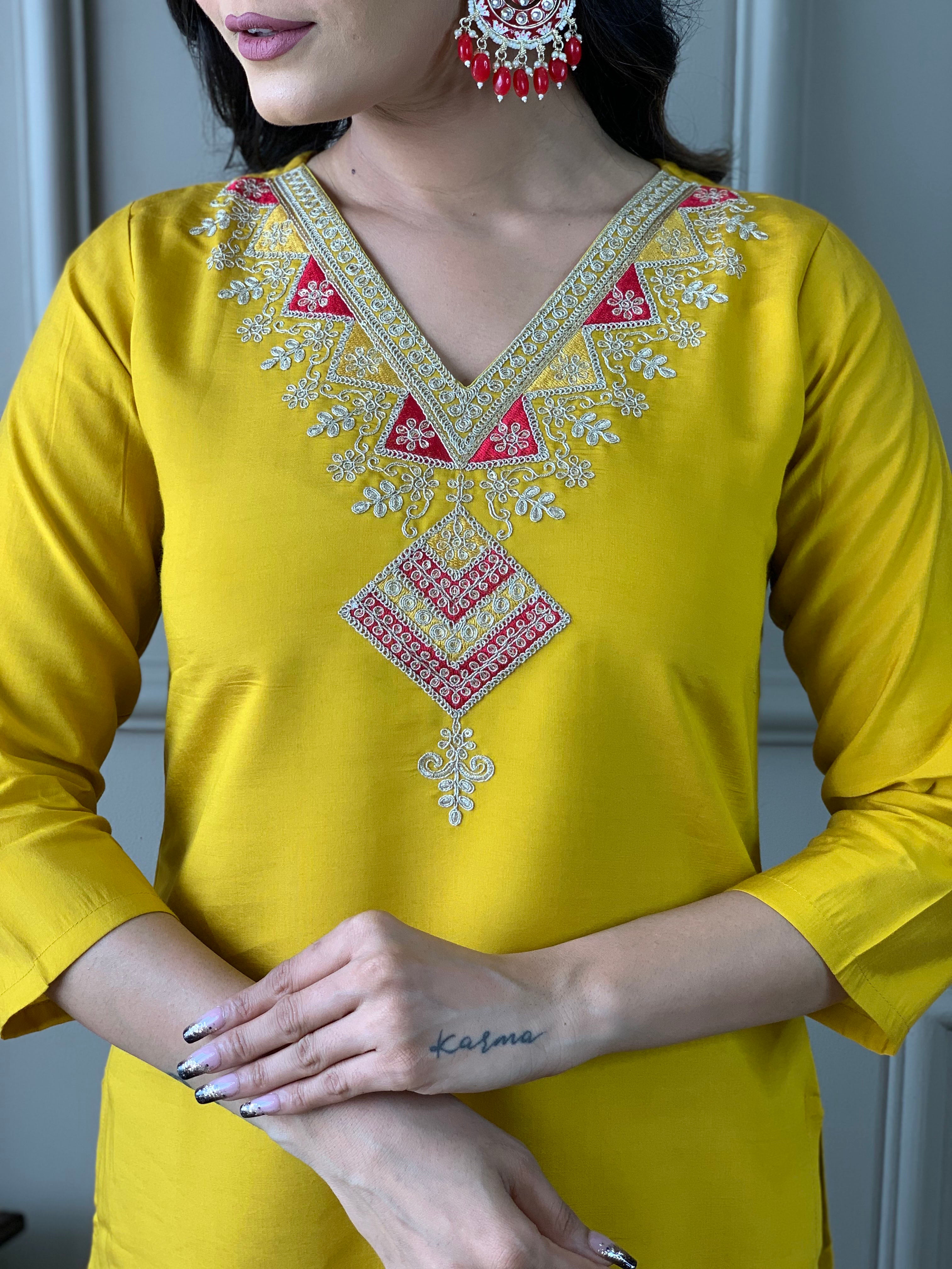 Women’s Mustard Chanderi Embroidered Kurta Set with Pant & Viscose Jacquard Dupatta