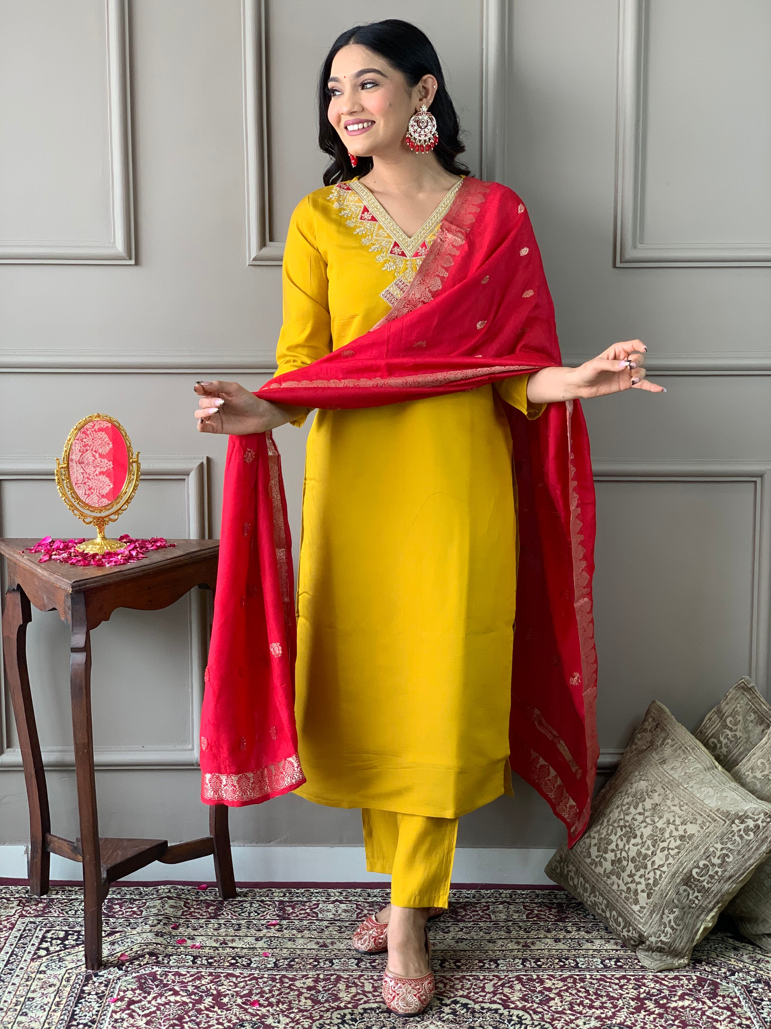 Women’s Mustard Chanderi Embroidered Kurta Set with Pant & Viscose Jacquard Dupatta