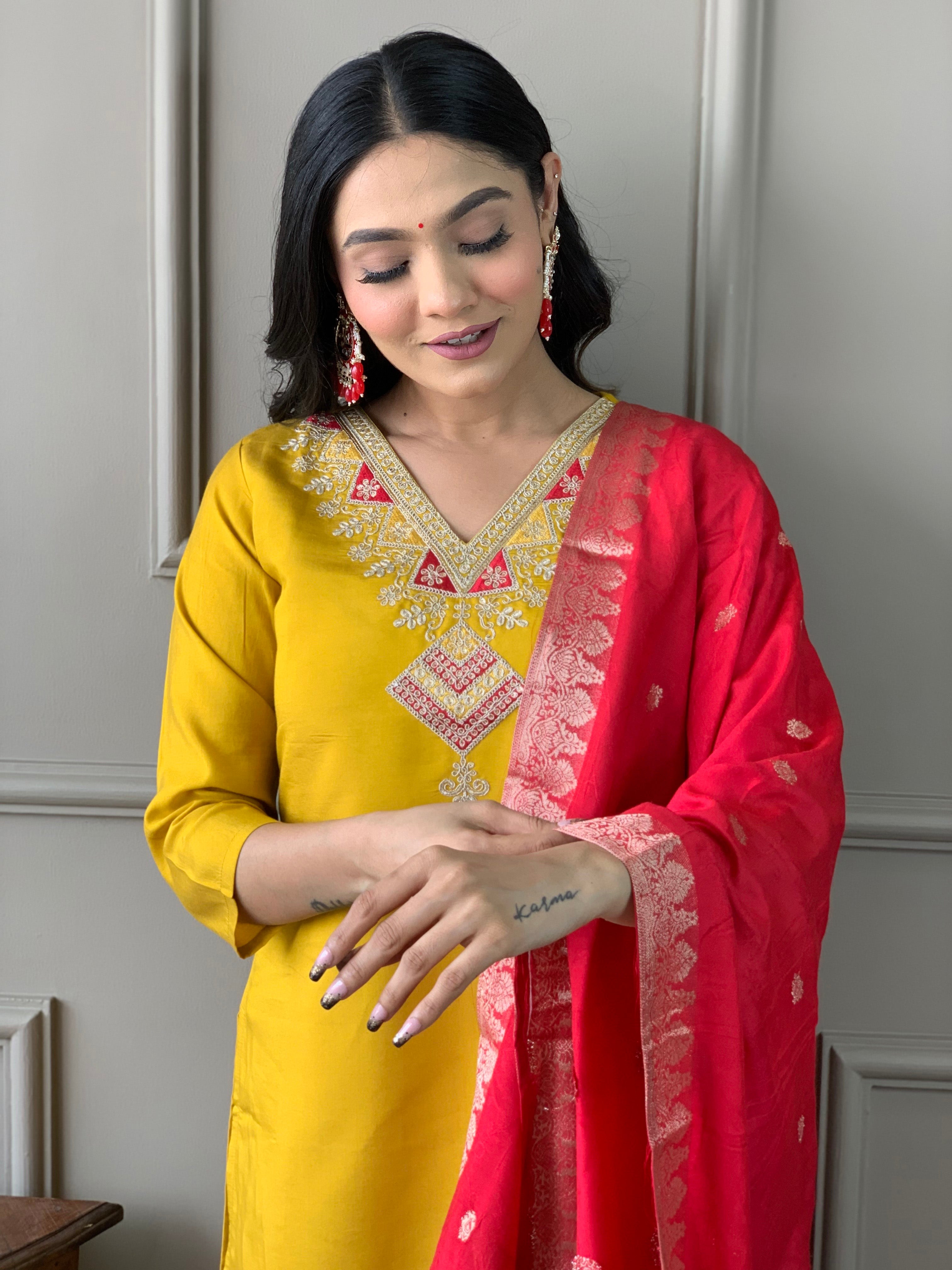 Women’s Mustard Chanderi Embroidered Kurta Set with Pant & Viscose Jacquard Dupatta
