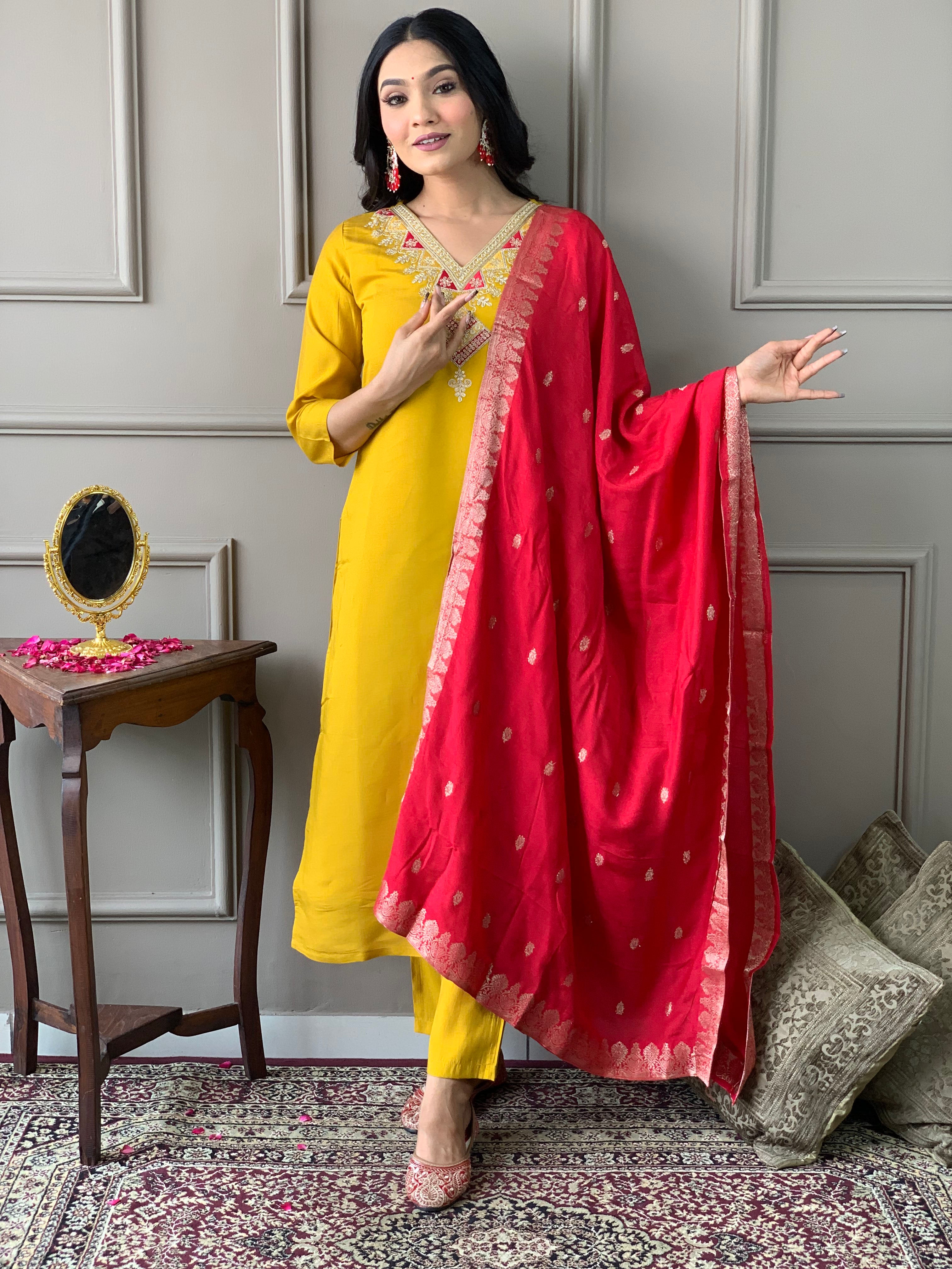 Women’s Mustard Chanderi Embroidered Kurta Set with Pant & Viscose Jacquard Dupatta