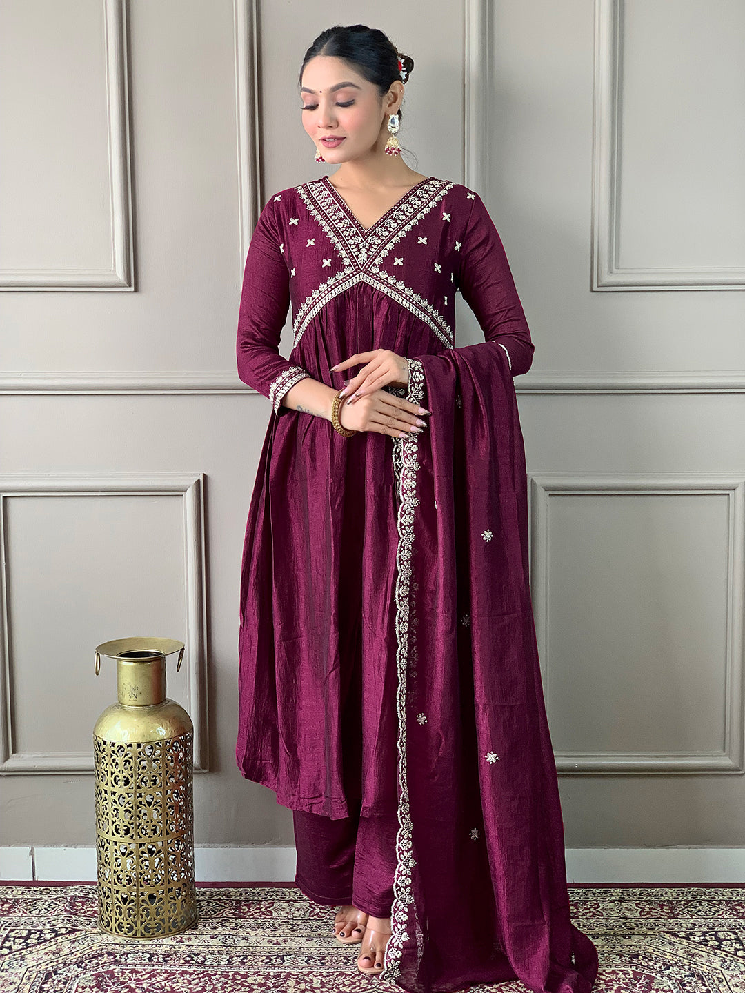 Women’s Purple Vichitra Silk Embroidered Flared Kurta Set with Viscose Silk Pant & Chinon Lace Dupatta
