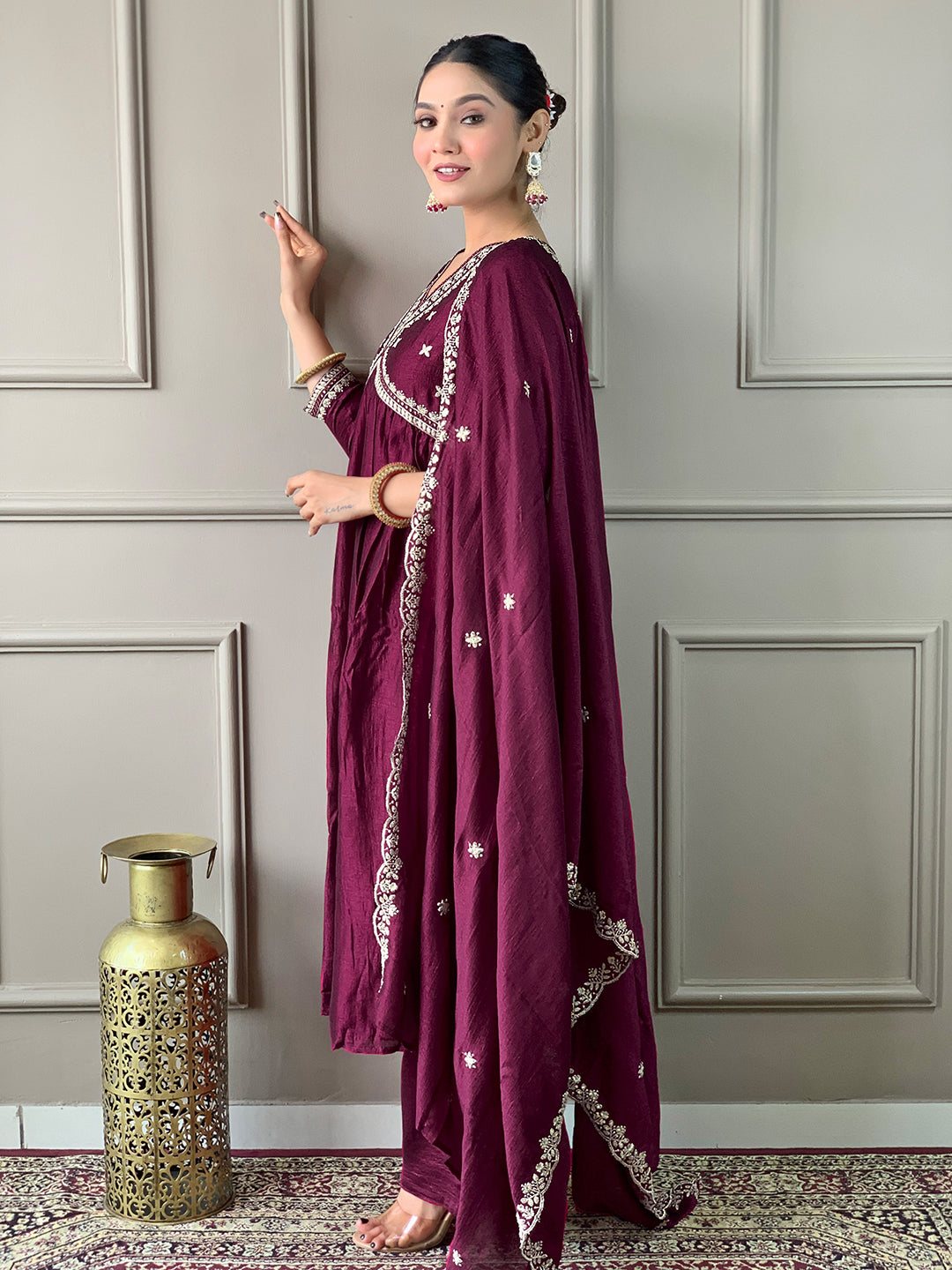 Women’s Purple Vichitra Silk Embroidered Flared Kurta Set with Viscose Silk Pant & Chinon Lace Dupatta