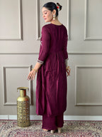 Women’s Purple Vichitra Silk Embroidered Flared Kurta Set with Viscose Silk Pant & Chinon Lace Dupatta