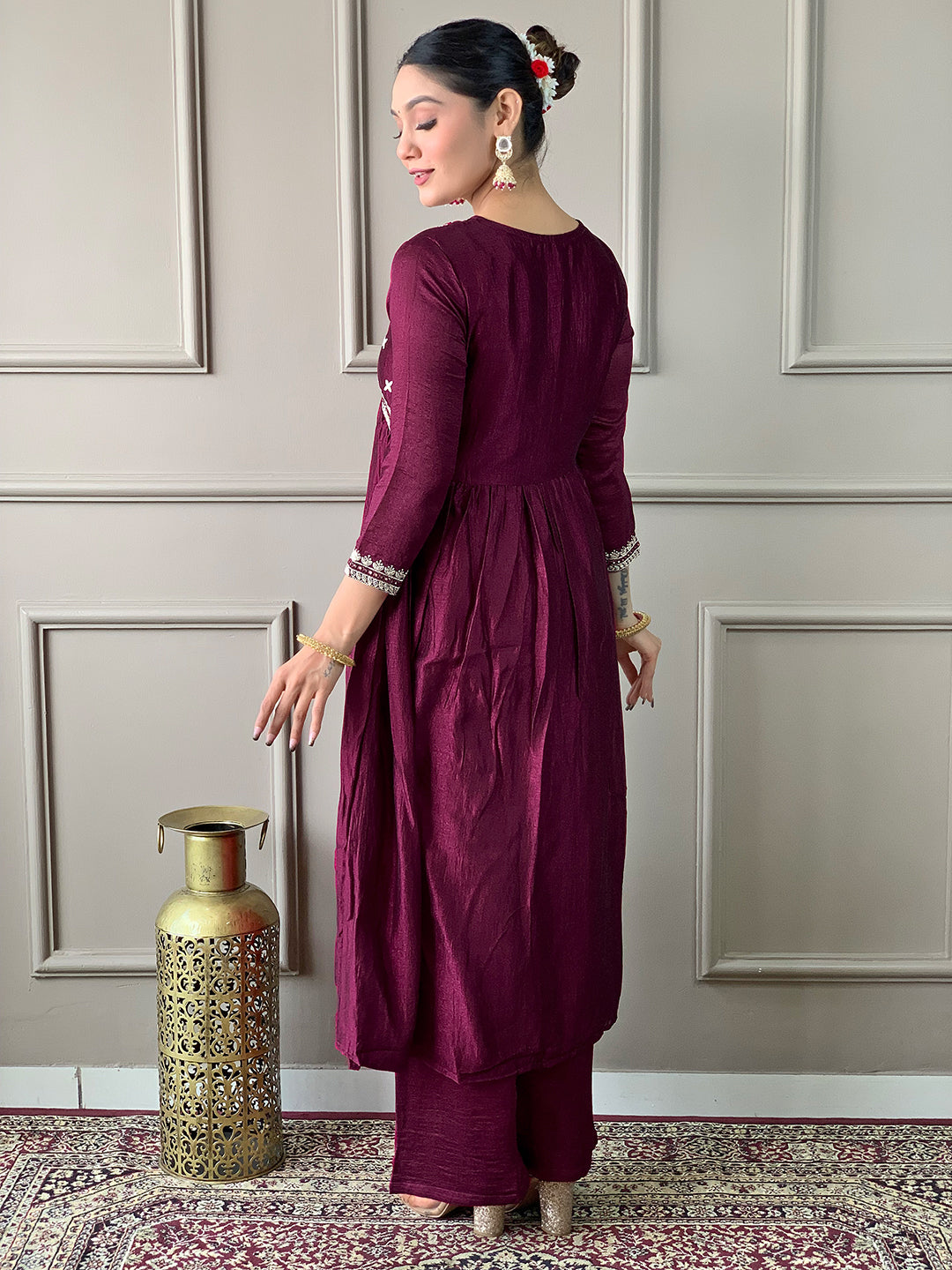 Women’s Purple Vichitra Silk Embroidered Flared Kurta Set with Viscose Silk Pant & Chinon Lace Dupatta