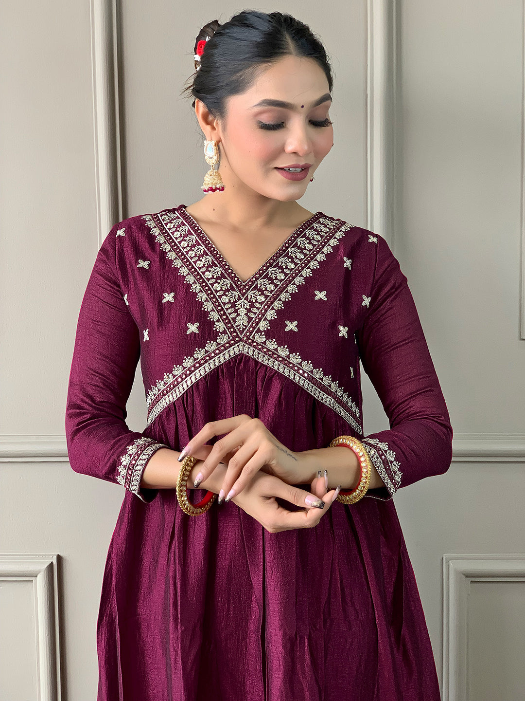 Women’s Purple Vichitra Silk Embroidered Flared Kurta Set with Viscose Silk Pant & Chinon Lace Dupatta