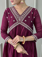 Women’s Purple Vichitra Silk Embroidered Flared Kurta Set with Viscose Silk Pant & Chinon Lace Dupatta